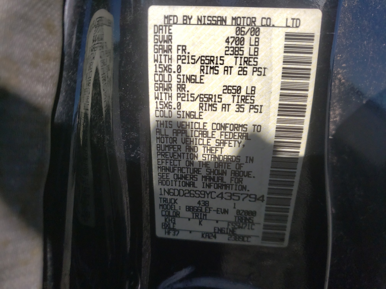 Photo 10 from auction – 2000 NISSAN FRONTIER K with VIN 1N6DD26S9YC435794