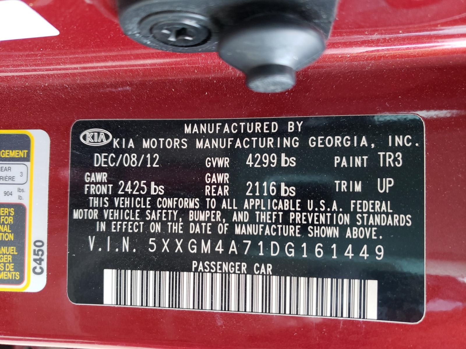 Photo 10 from auction – 2013 KIA OPTIMA LX with VIN 5XXGM4A71DG161449