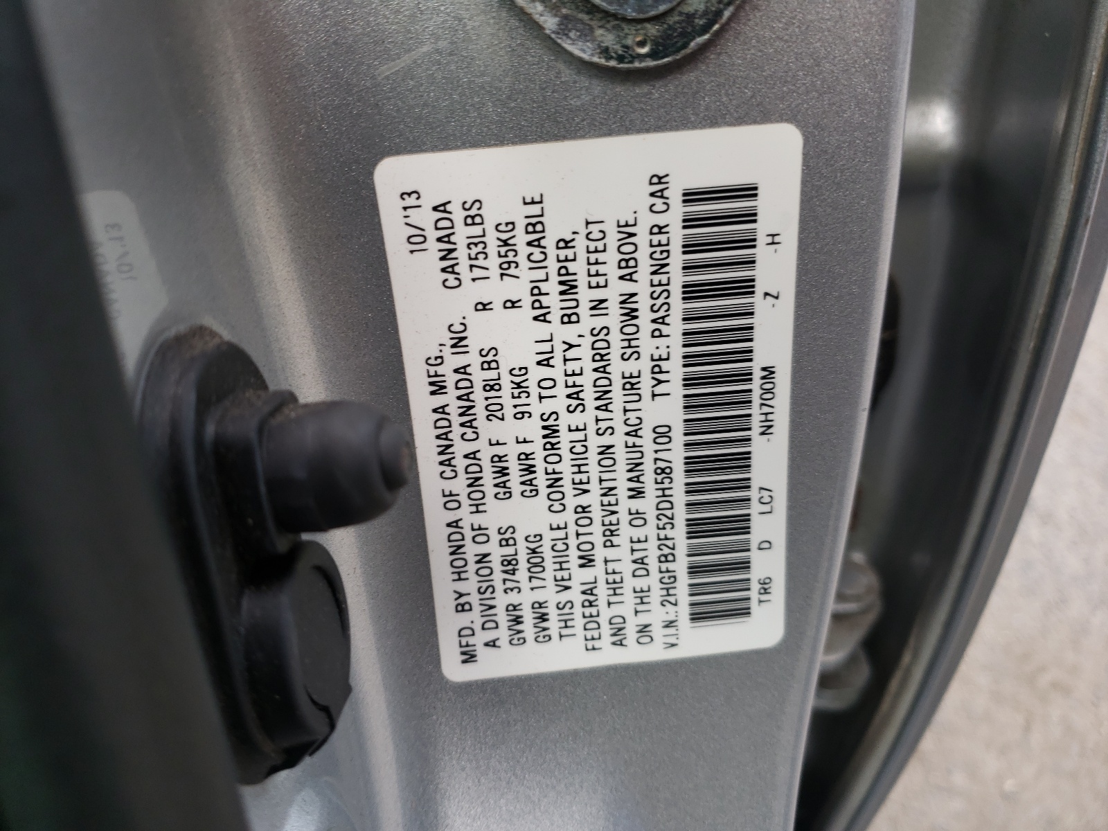 Photo 10 from auction – 2013 HONDA CIVIC LX with VIN 2HGFB2F52DH587100