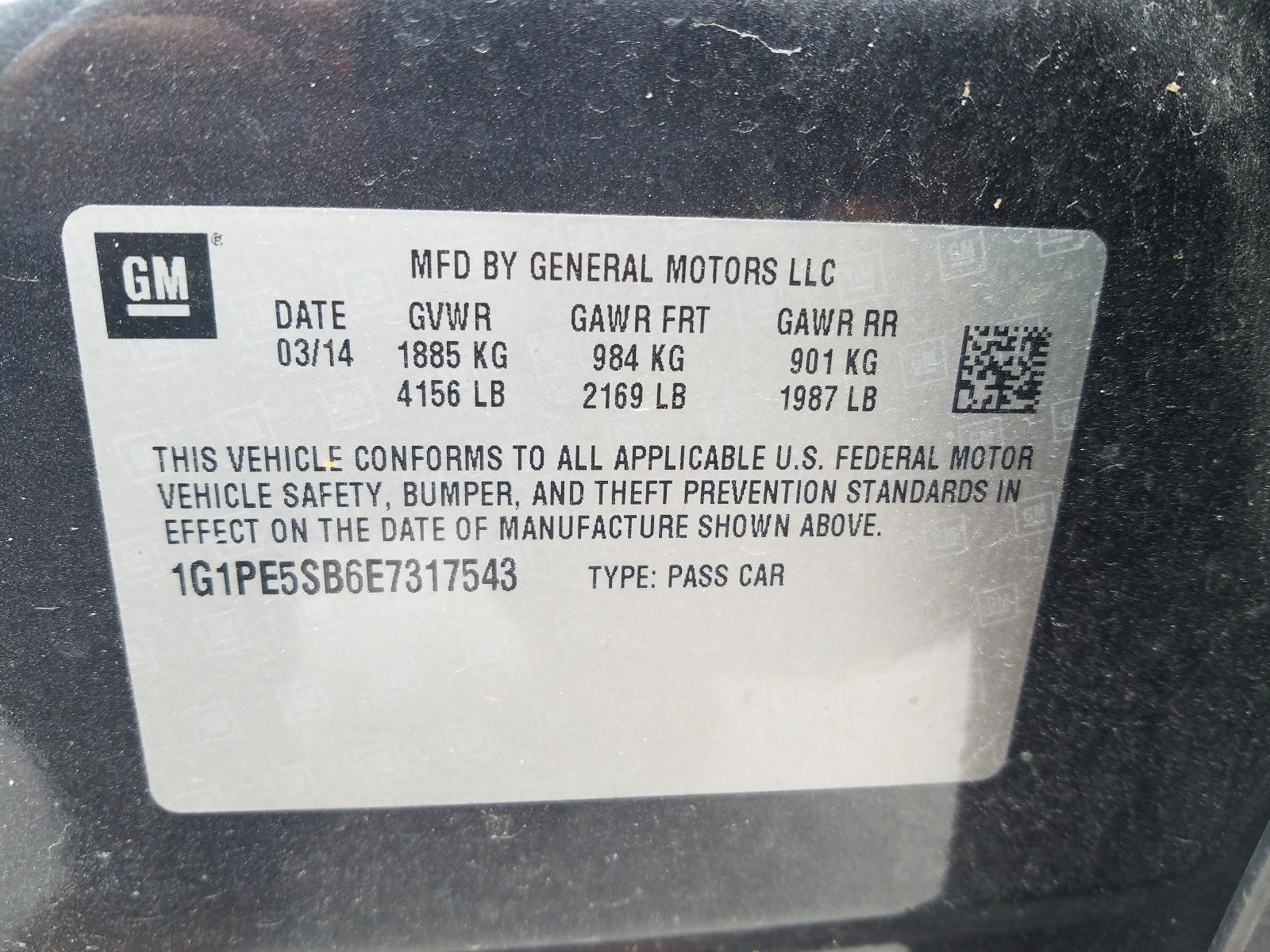 Photo 10 from auction – 2014 CHEVROLET CRUZE LT with VIN 1G1PE5SB6E7317543
