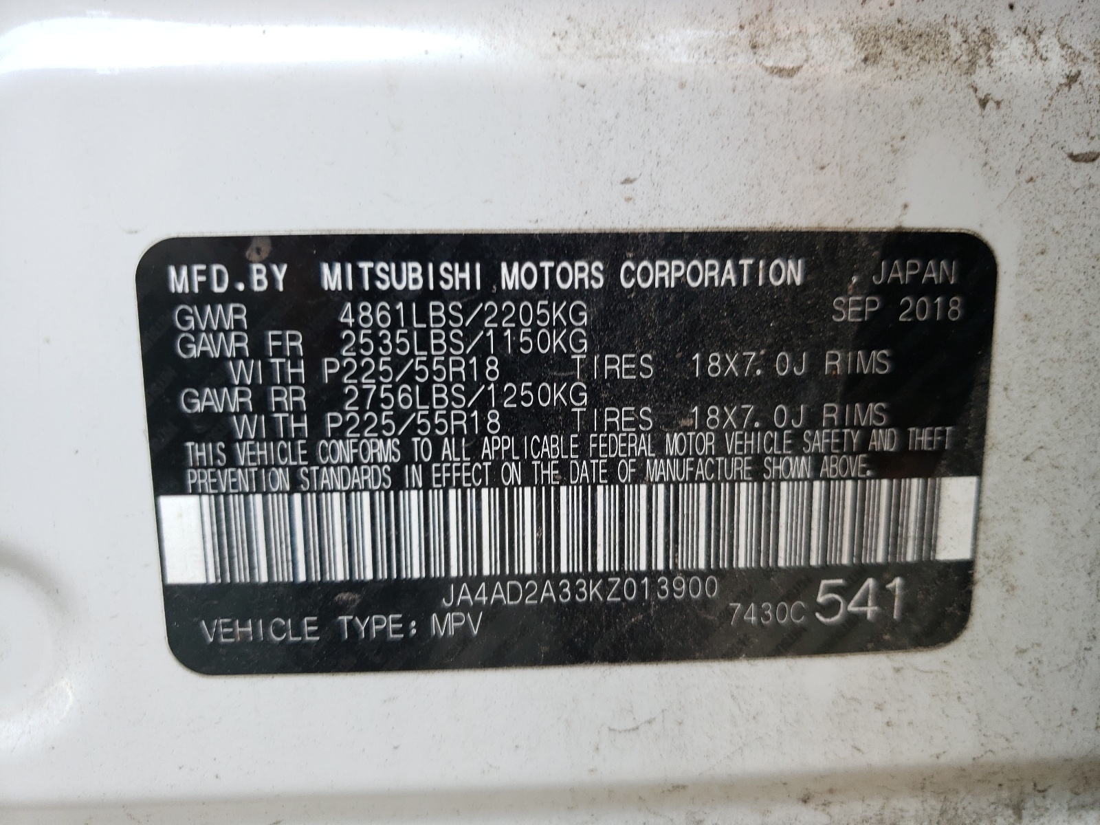 Photo 11 from auction – 2019 MITSUBISHI OUTLANDER with VIN JA4AD2A33KZ013900