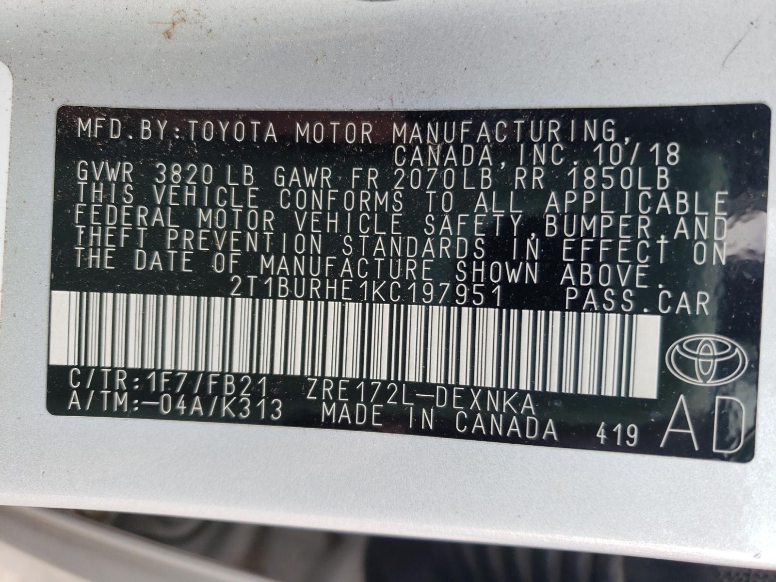 Photo 10 from auction – 2019 TOYOTA COROLLA L with VIN 2T1BURHE1KC197951