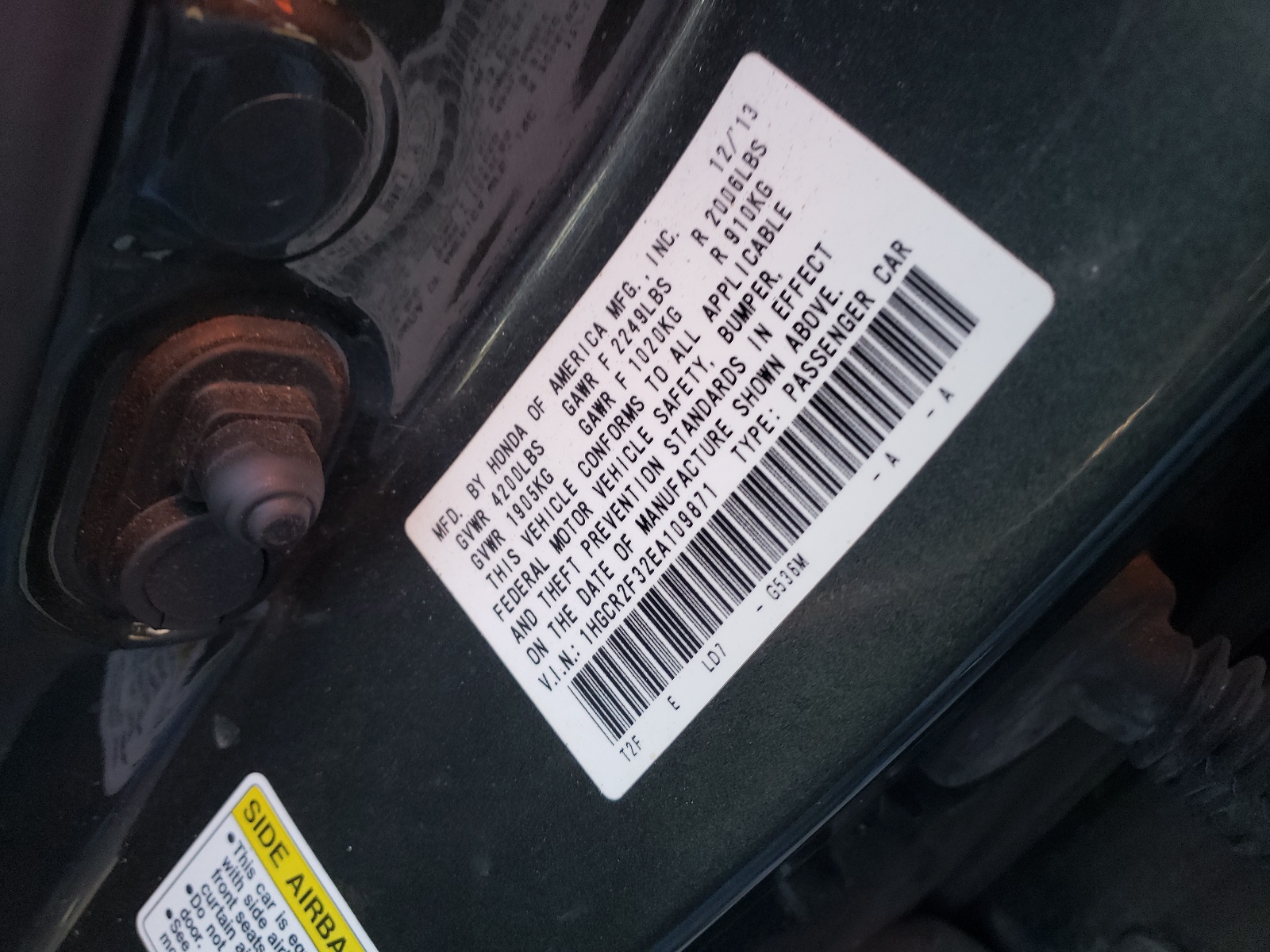 Photo 10 from auction – 2014 HONDA ACCORD LX with VIN 1HGCR2F32EA109871