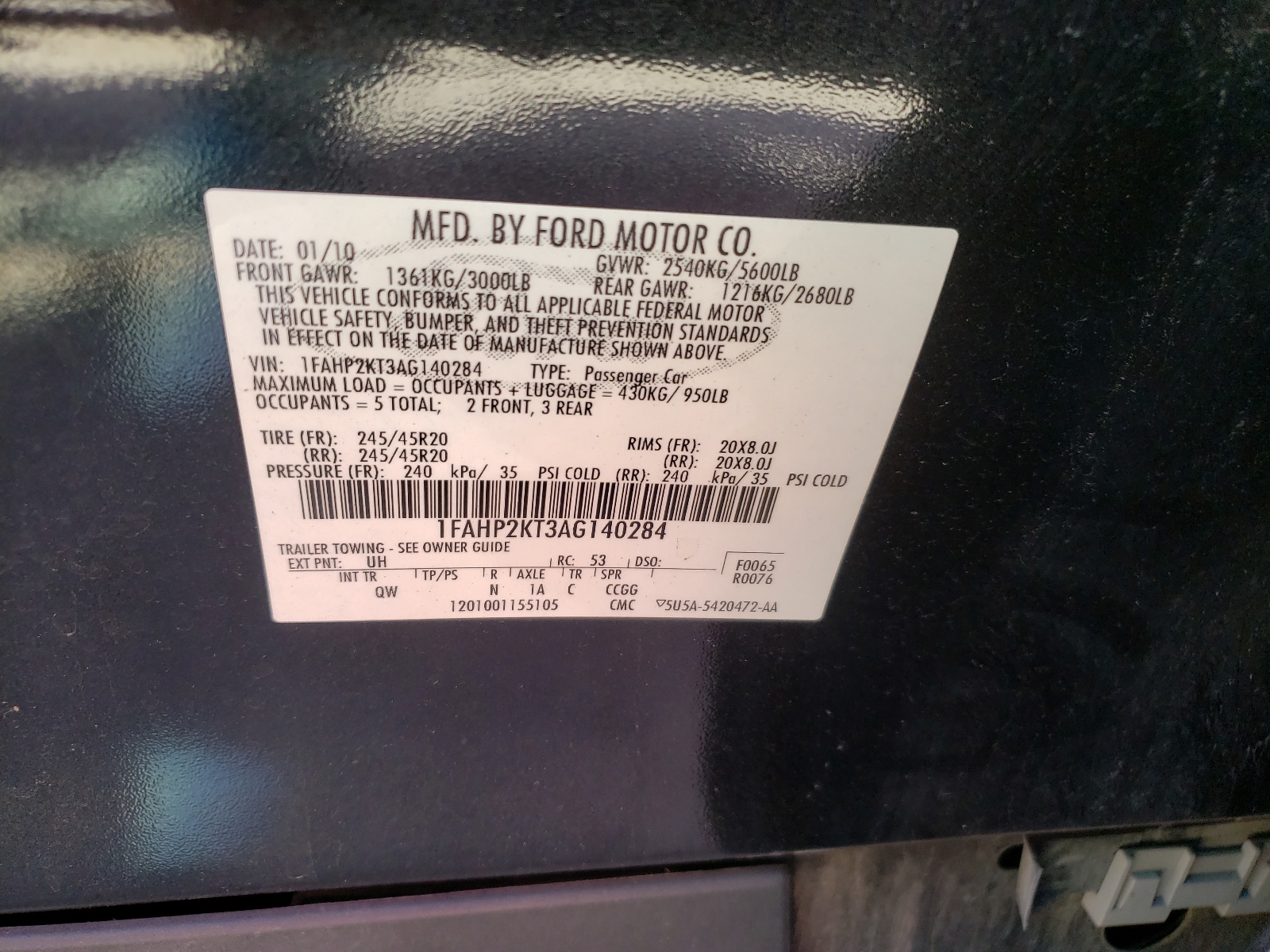 Photo 10 from auction – 2010 FORD TAURUS SHO with VIN 1FAHP2KT3AG140284