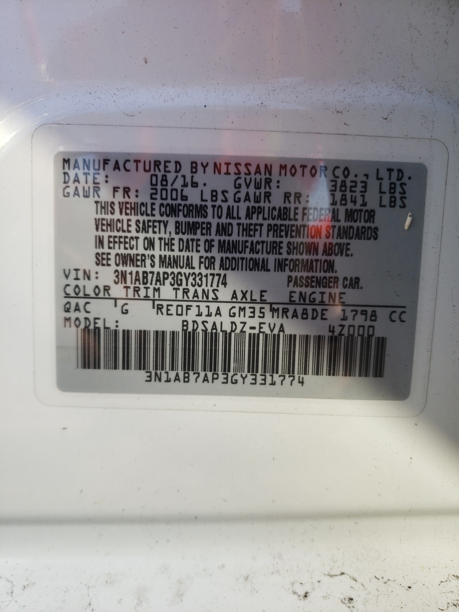 Photo 10 from auction – 2016 NISSAN SENTRA S with VIN 3N1AB7AP3GY331774
