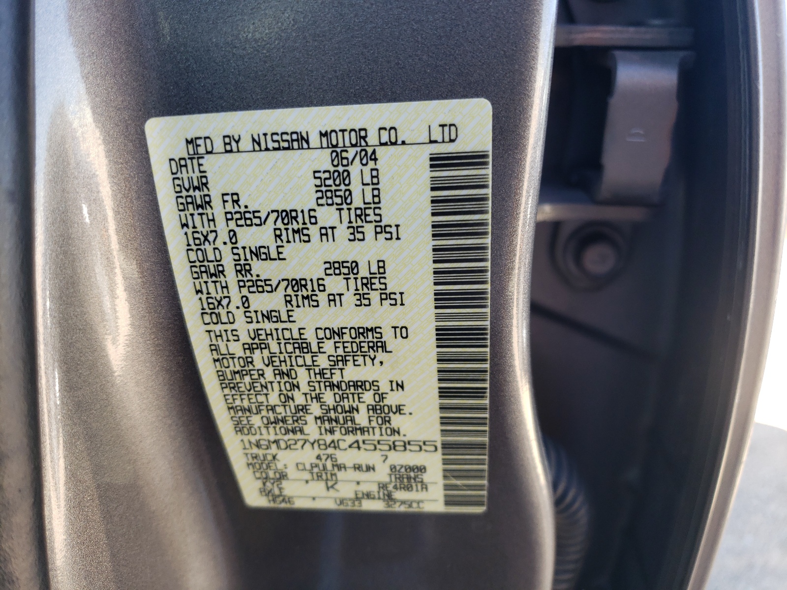 Photo 10 from auction – 2004 NISSAN FRONTIER C with VIN 1N6MD27Y84C455855
