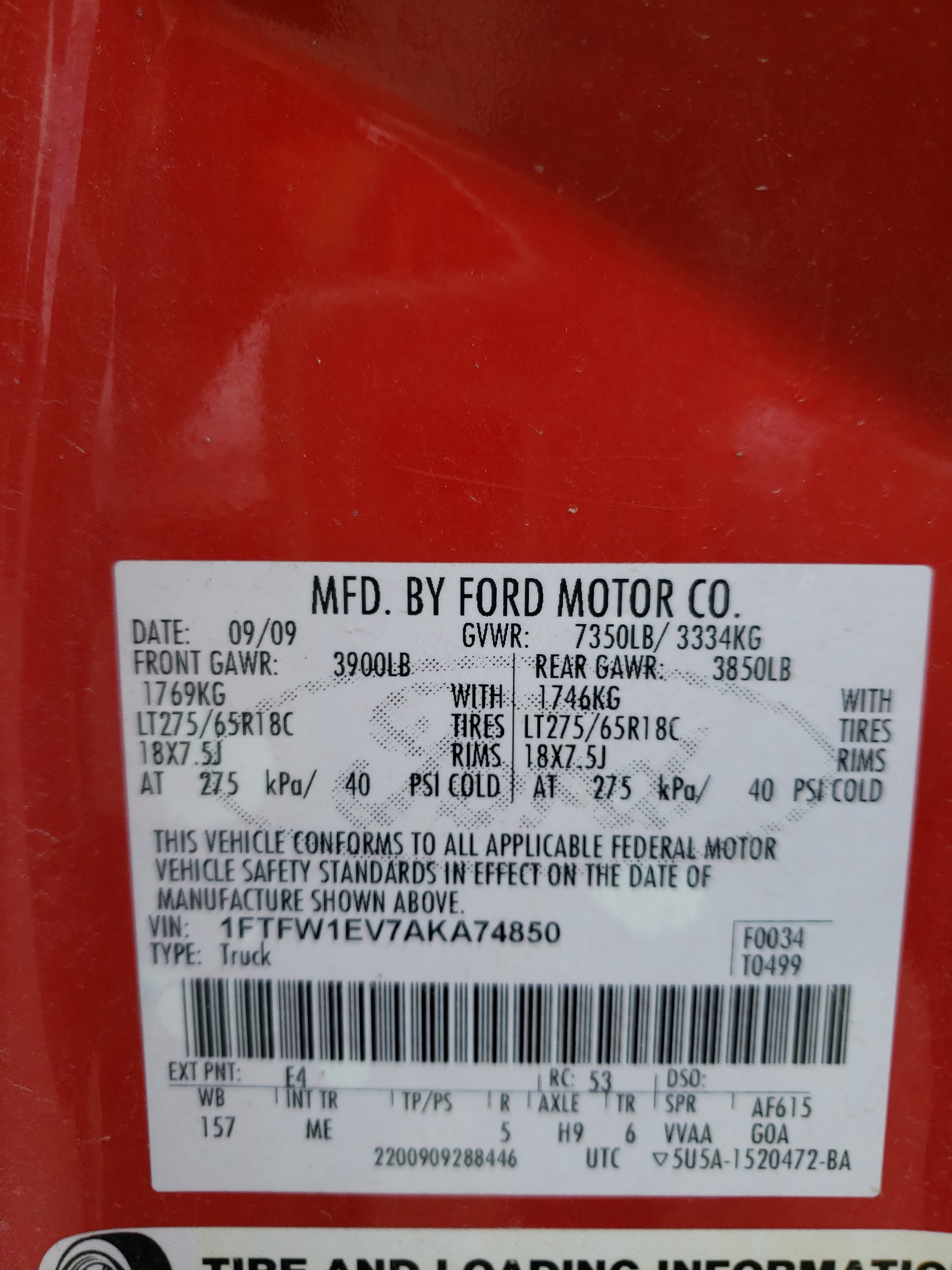 Photo 10 from auction – 2010 FORD F150 SUPER with VIN 1FTFW1EV7AKA74850
