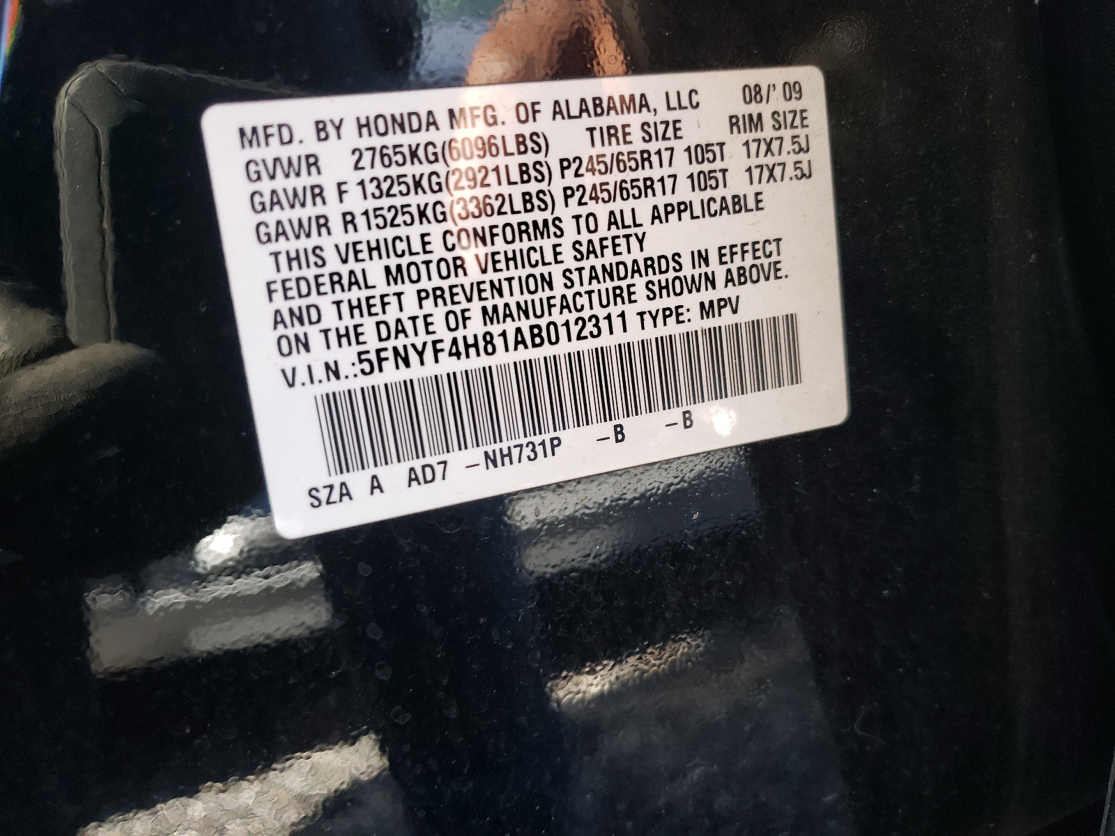 Photo 10 from auction – 2010 HONDA PILOT TOUR with VIN 5FNYF4H81AB012311