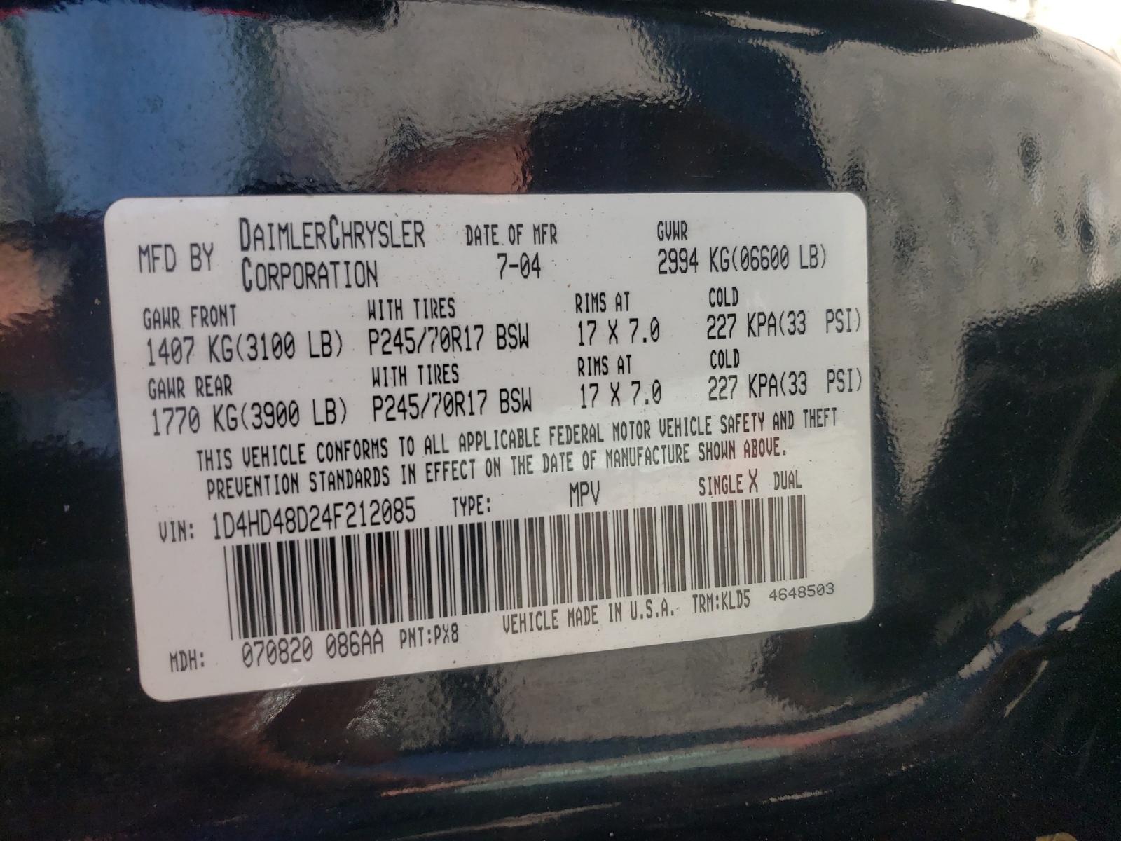 Photo 10 from auction – 2004 DODGE DURANGO with VIN 1D4HD48D24F212085