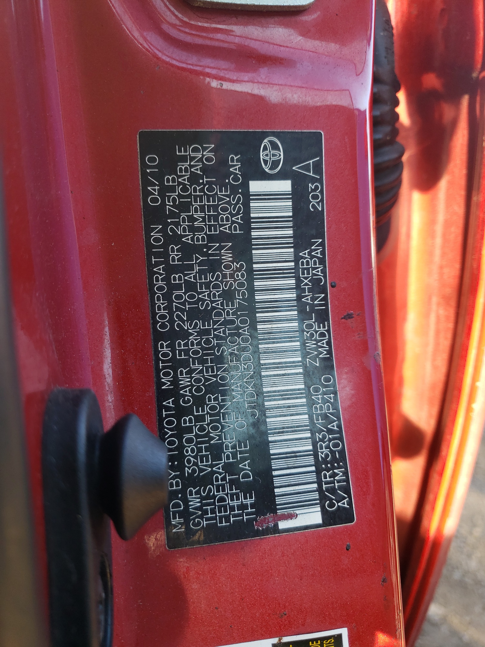 Photo 10 from auction – 2010 TOYOTA PRIUS with VIN JTDKN3DU0A0175083