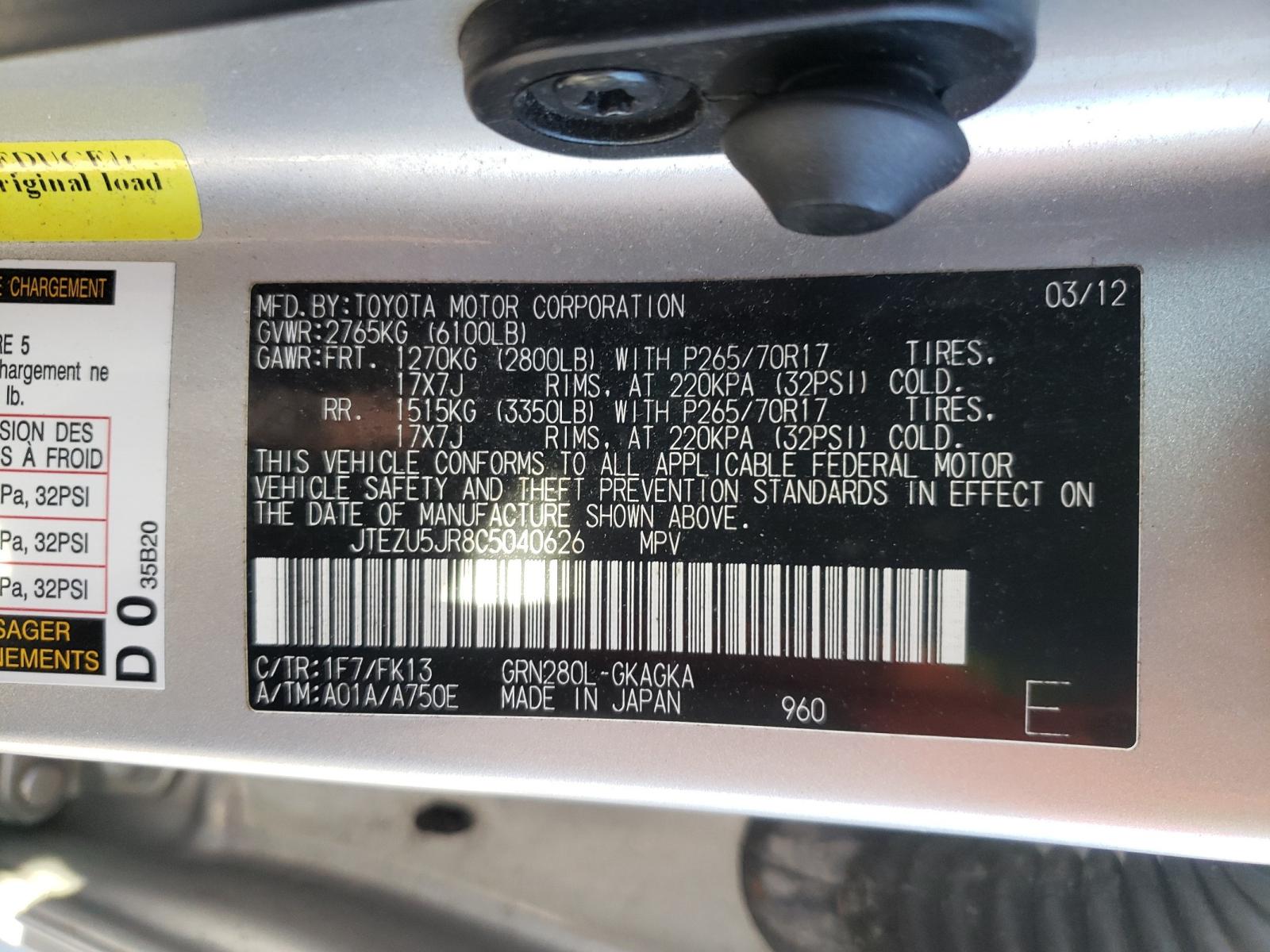 Photo 10 from auction – 2012 TOYOTA 4RUNNER SR with VIN JTEZU5JR8C5040626