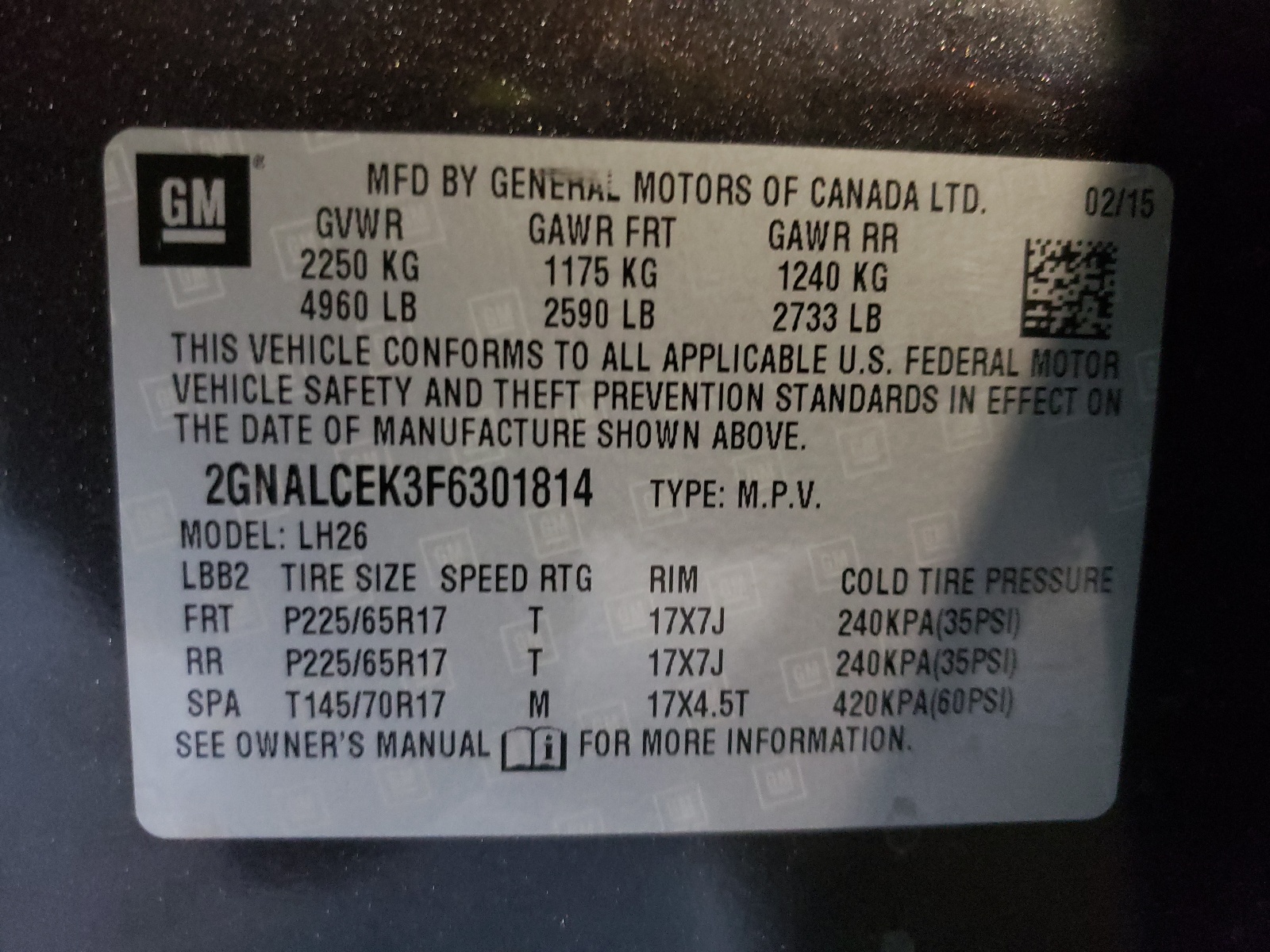 Photo 10 from auction – 2015 CHEVROLET EQUINOX LT with VIN 2GNALCEK3F6301814