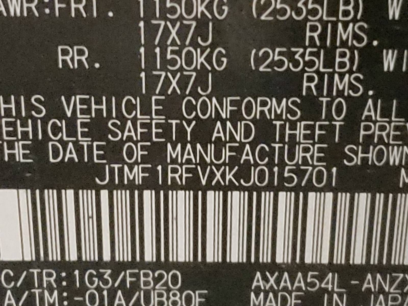 Photo 10 from auction – 2019 TOYOTA RAV4 LE with VIN JTMF1RFVXKJ015701