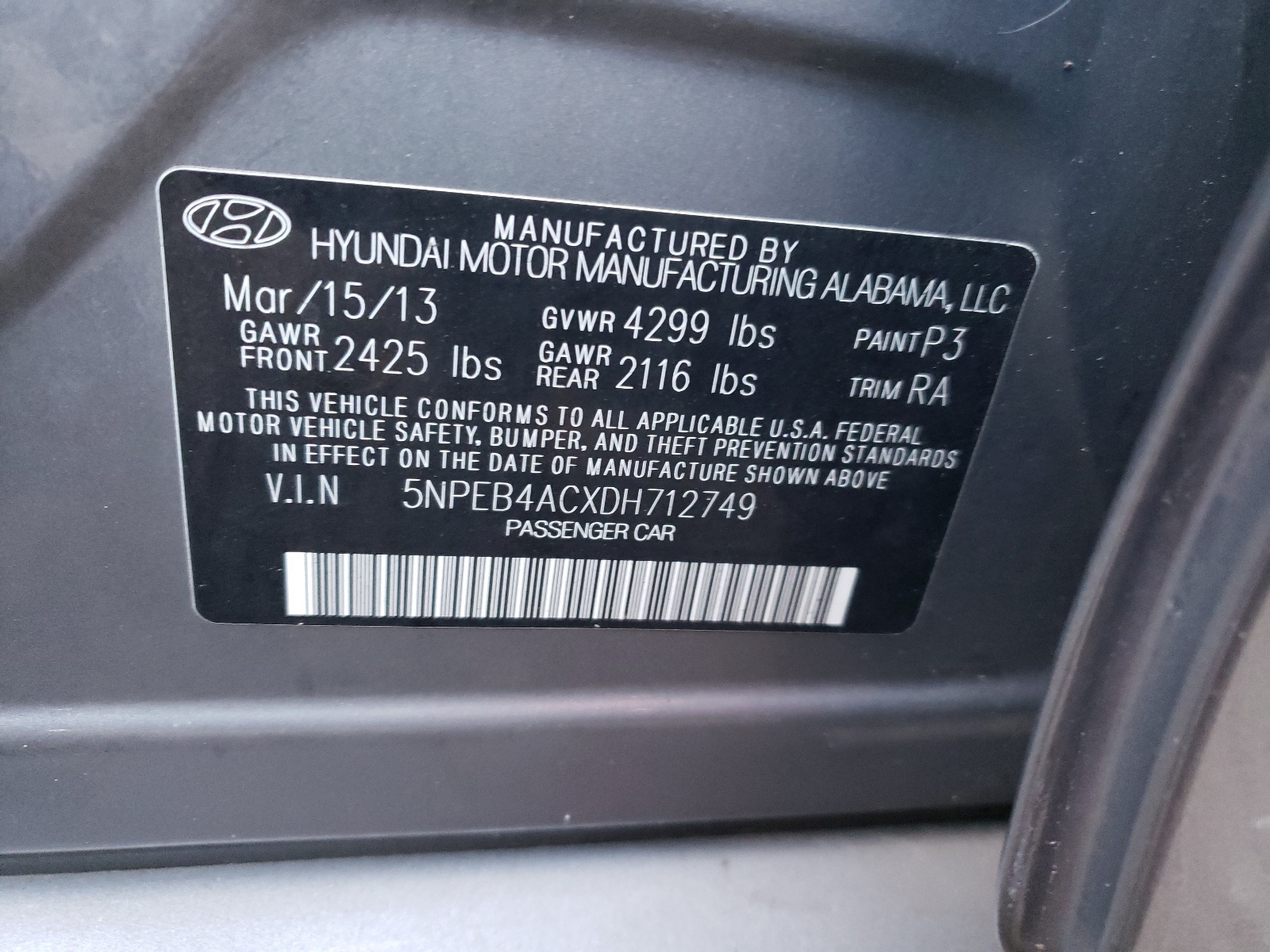 Photo 10 from auction – 2013 HYUNDAI SONATA GLS with VIN 5NPEB4ACXDH712749