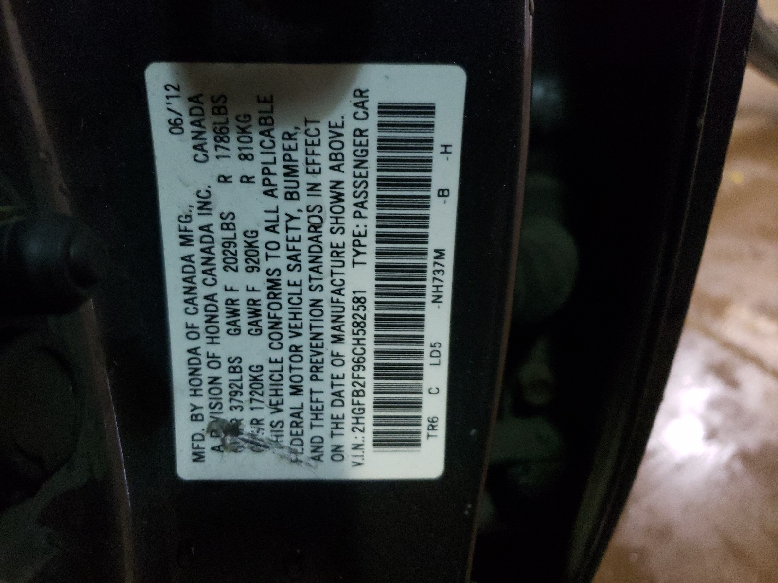Photo 10 from auction – 2012 HONDA CIVIC EXL with VIN 2HGFB2F96CH582581