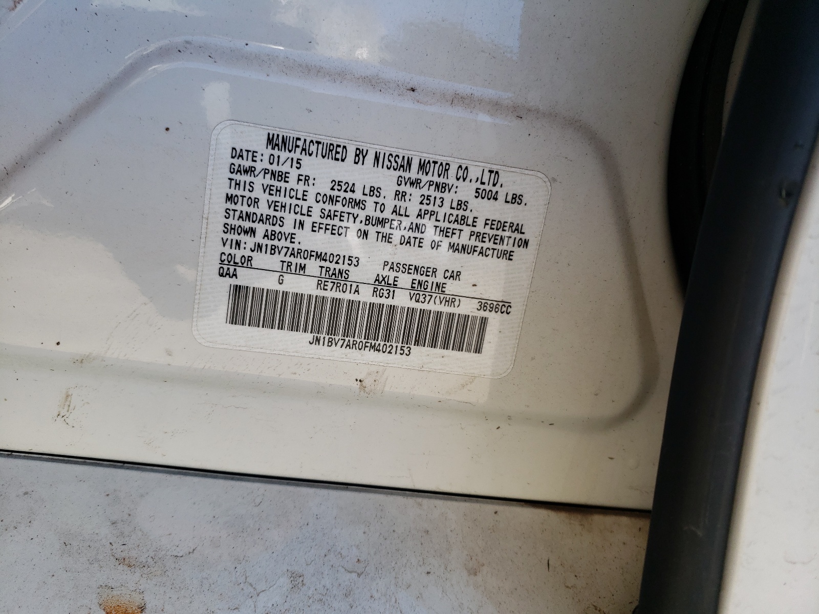 Photo 10 from auction – 2015 INFINITI Q50 BASE with VIN JN1BV7AR0FM402153