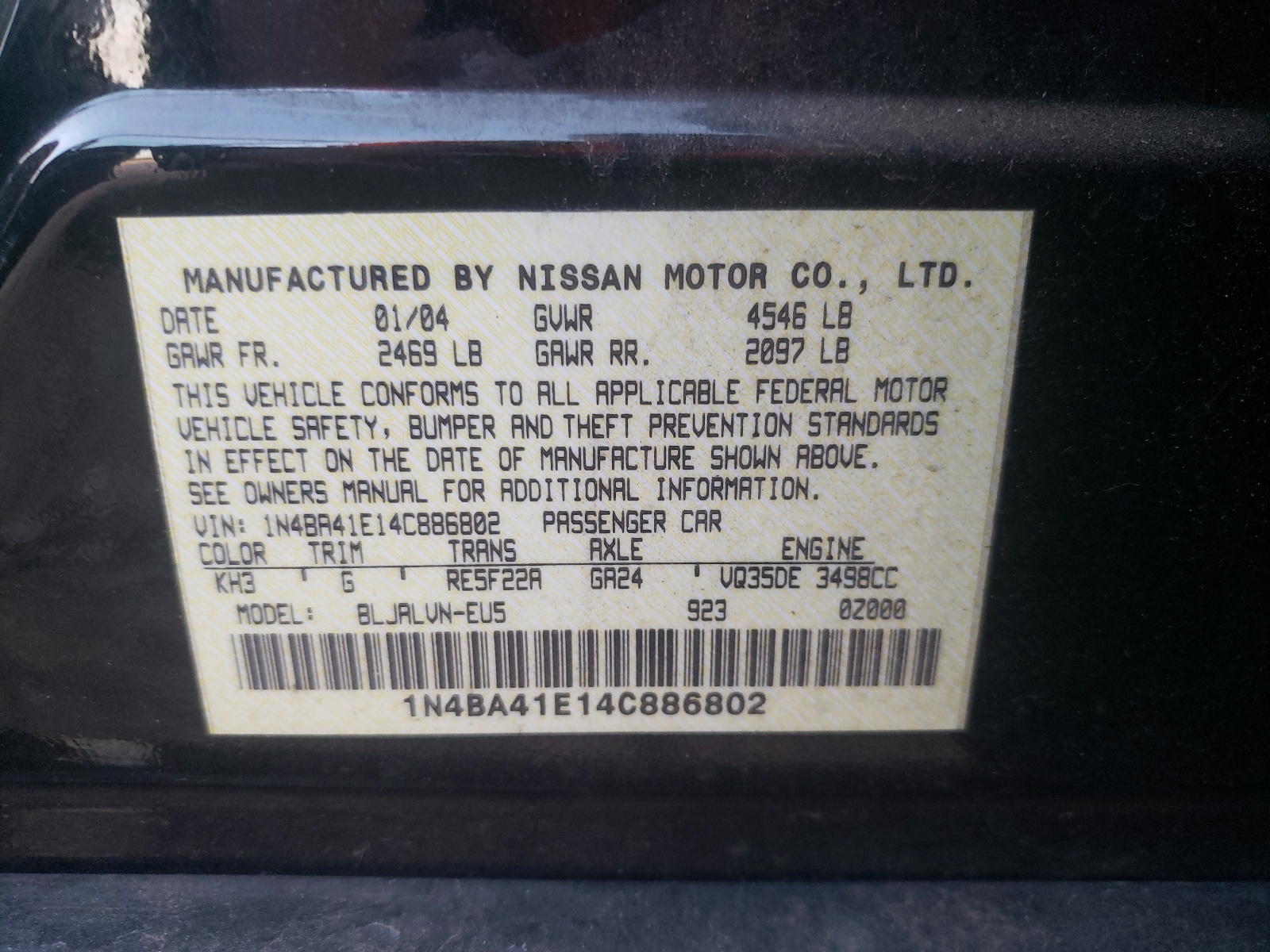 Photo 10 from auction – 2004 NISSAN MAXIMA SE with VIN 1N4BA41E14C886802