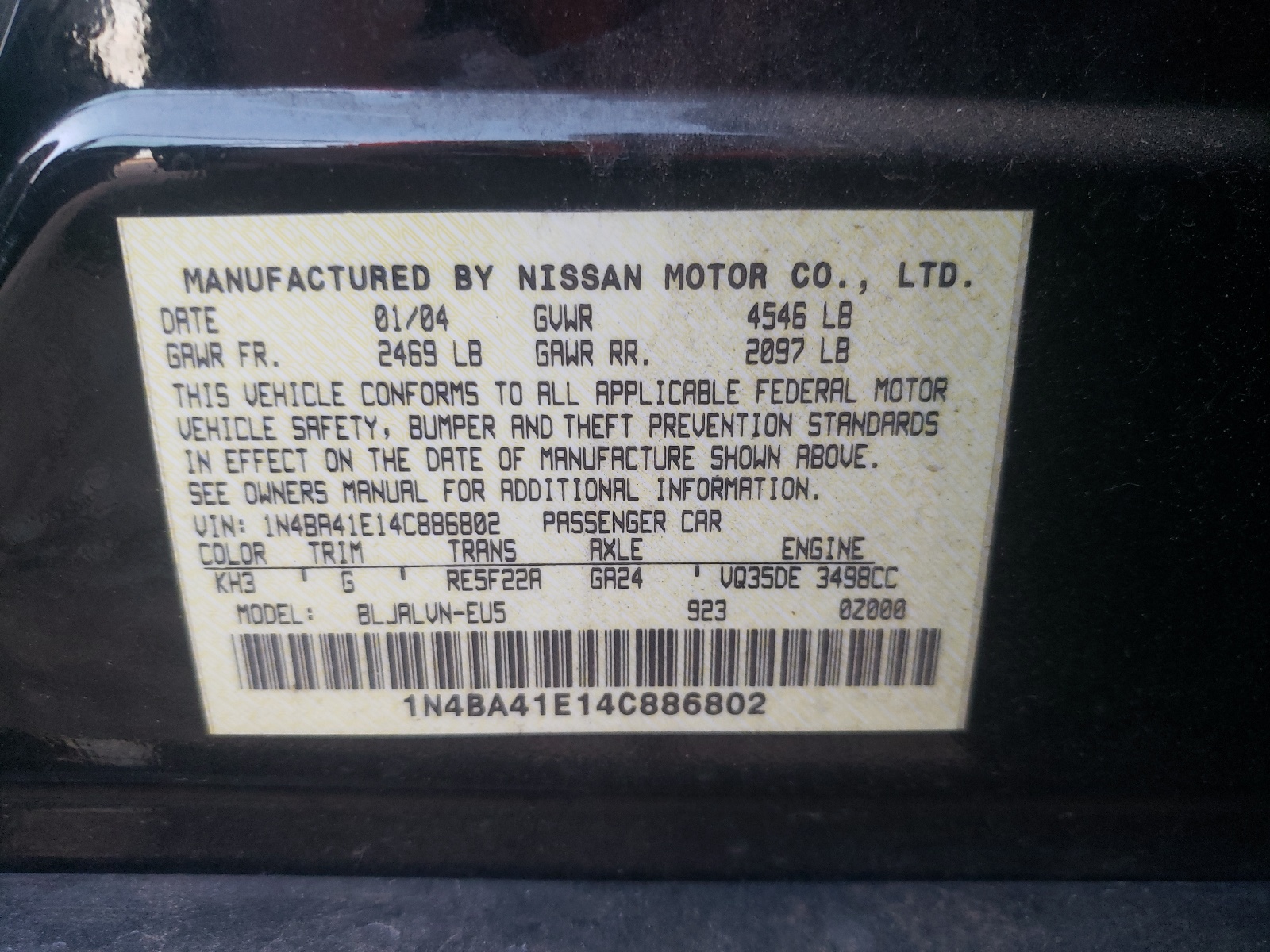 Zdjęcie 10 z aukcji – 2004 NISSAN MAXIMA SE z VIN 1N4BA41E14C886802