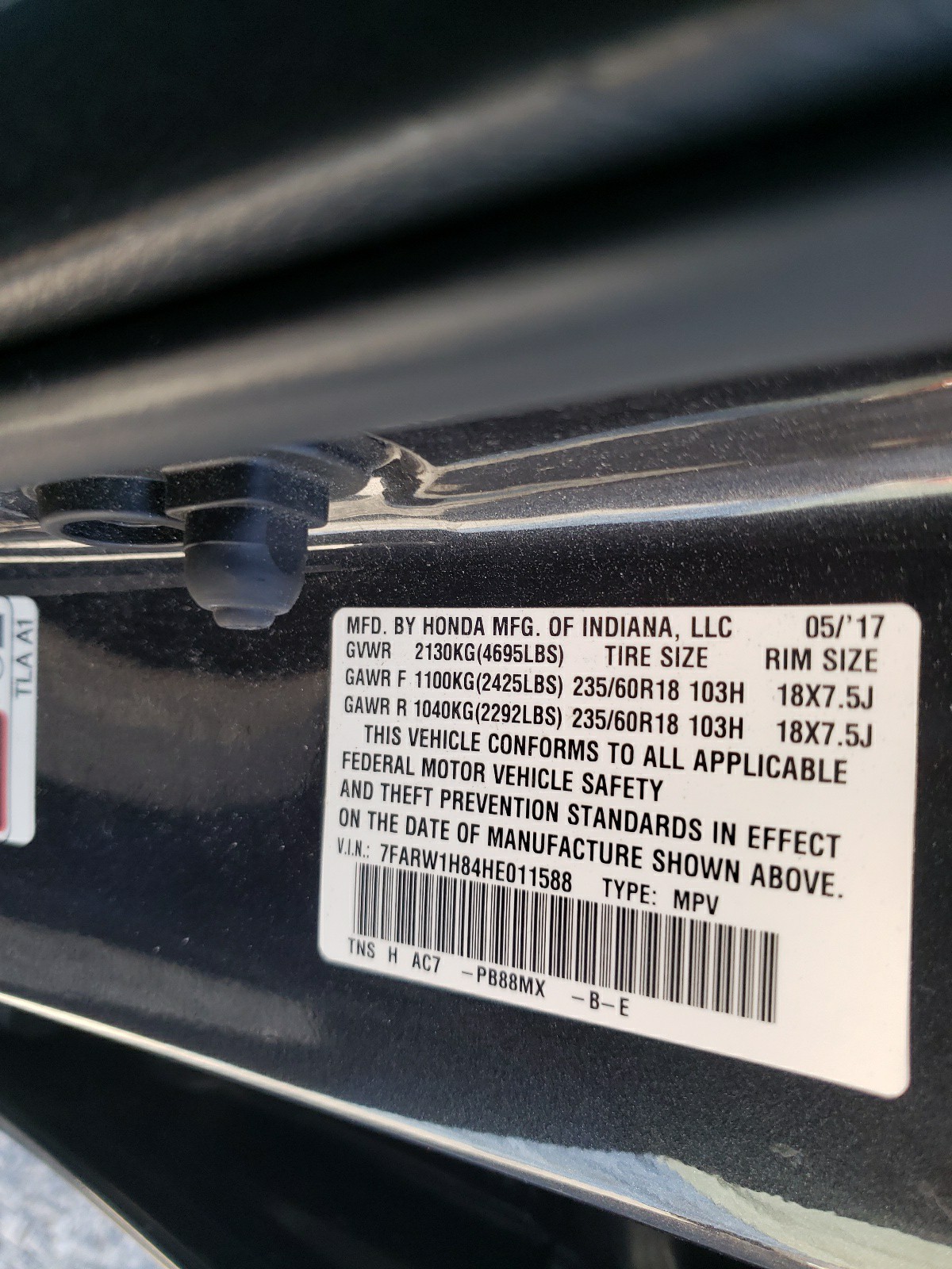 Photo 10 from auction – 2017 HONDA CR-V EXL with VIN 7FARW1H84HE011588