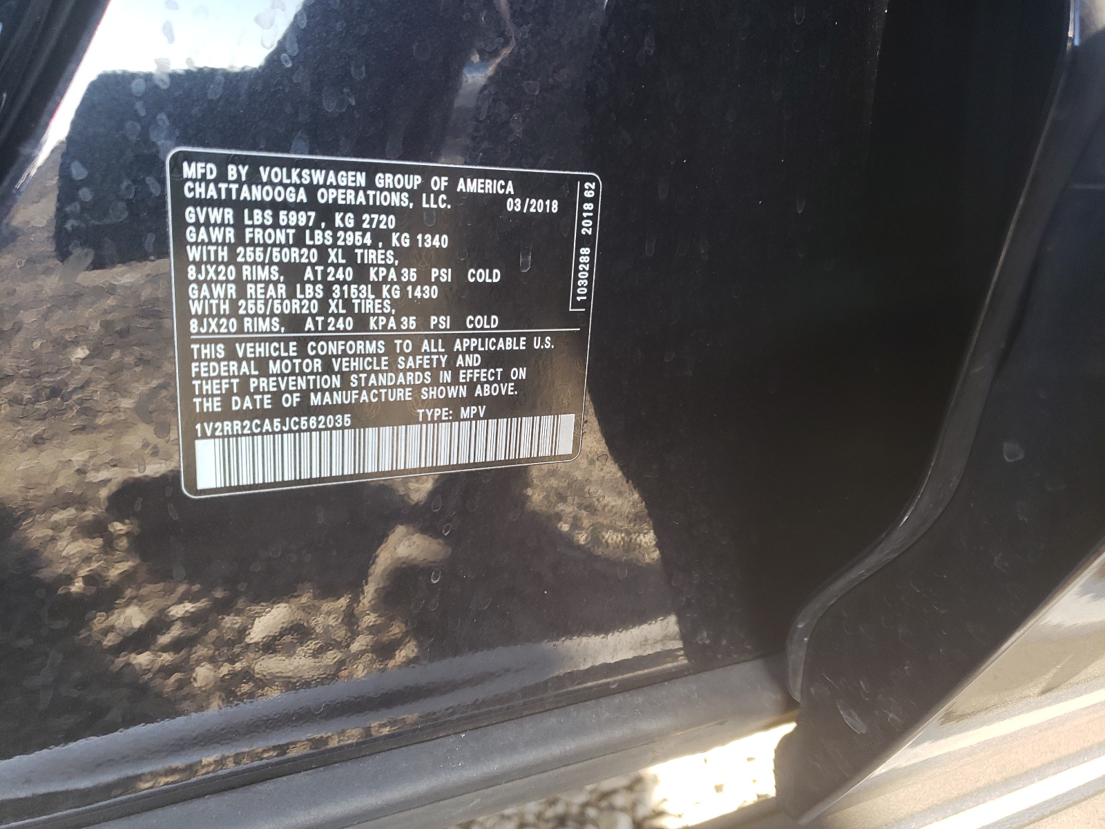 Photo 10 from auction – 2018 VOLKSWAGEN ATLAS SEL with VIN 1V2RR2CA5JC562035