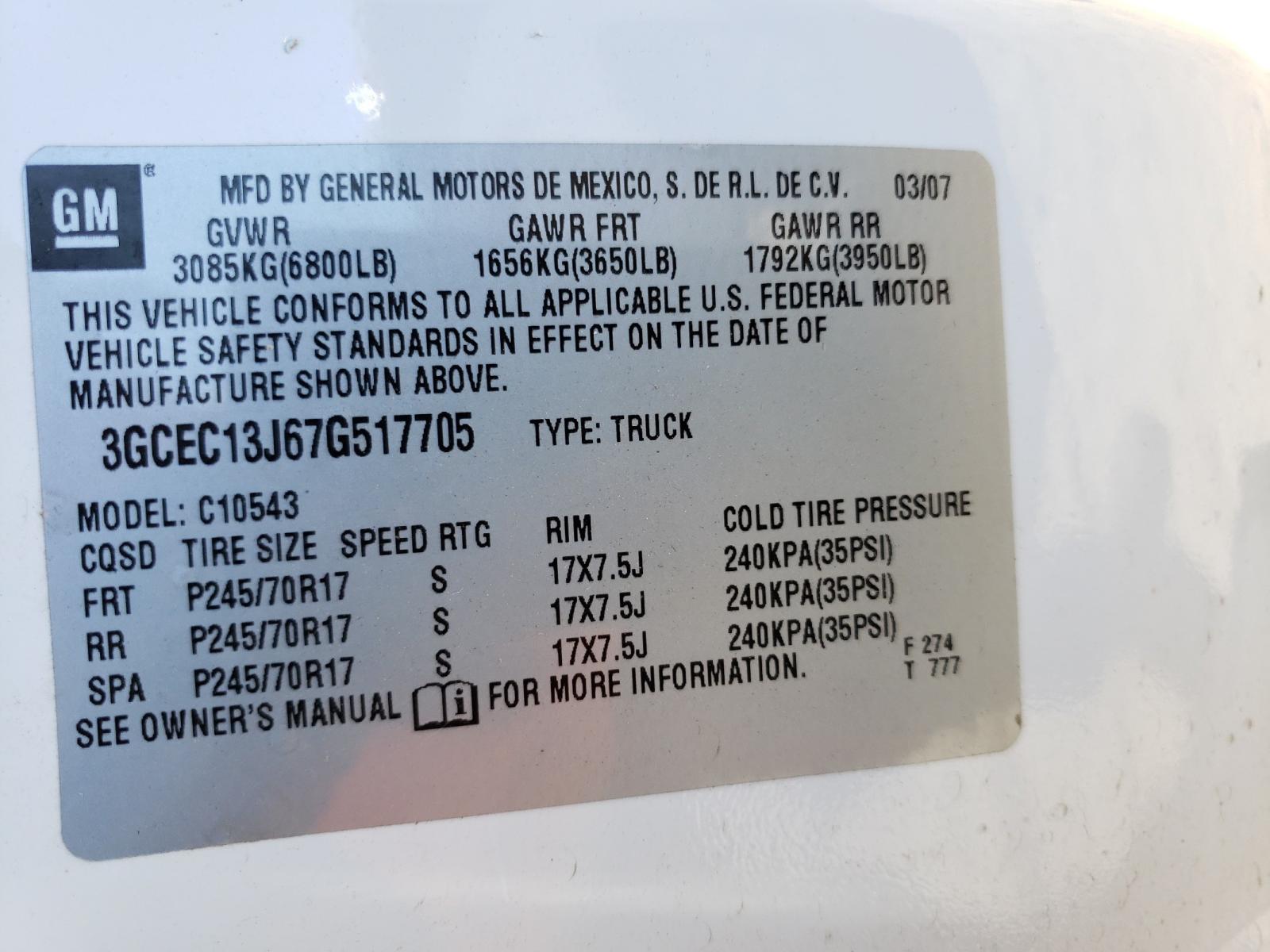 Photo 10 from auction – 2007 CHEVROLET SILVERADO with VIN 3GCEC13J67G517705