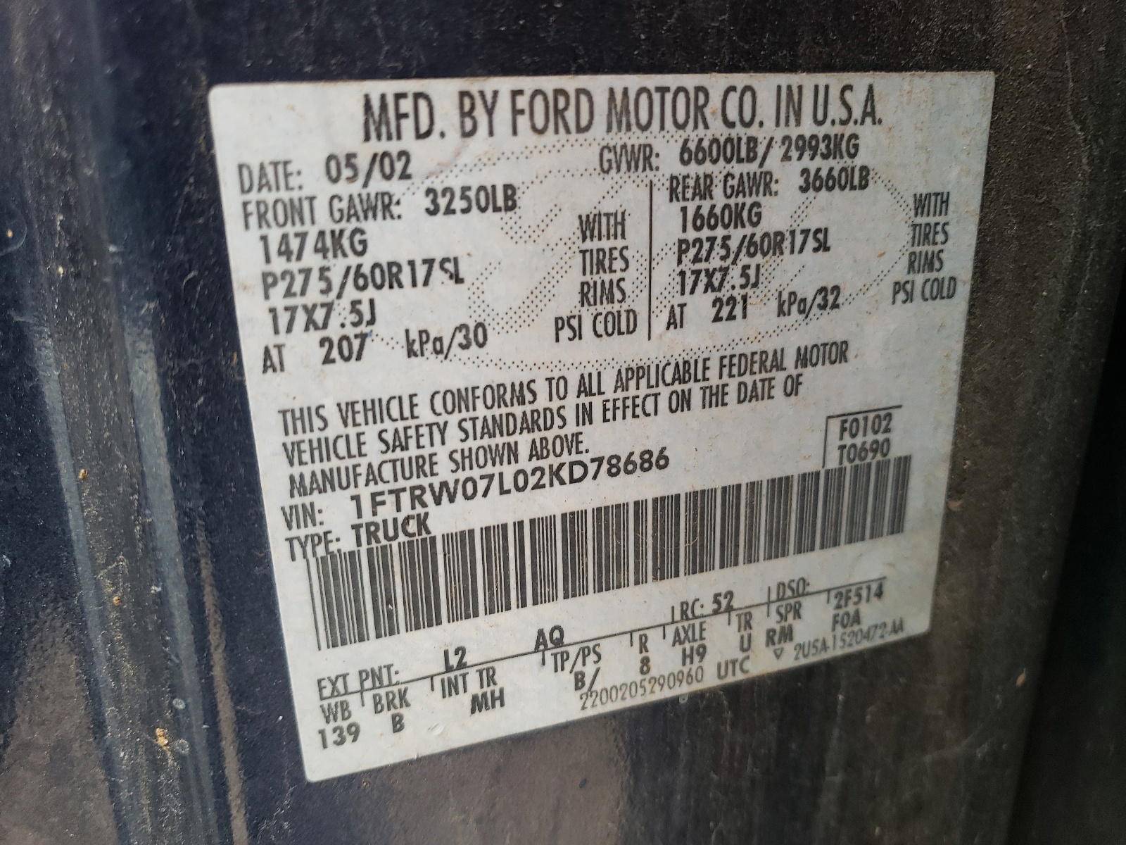 Photo 10 from auction – 2002 FORD F150 SUPER with VIN 1FTRW07L02KD78686
