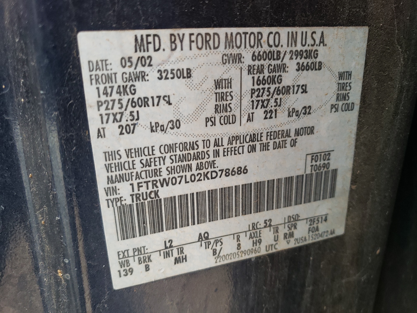 صورة رقم 10 من المزاد - 2002 FORD F150 SUPER مع VIN 1FTRW07L02KD78686