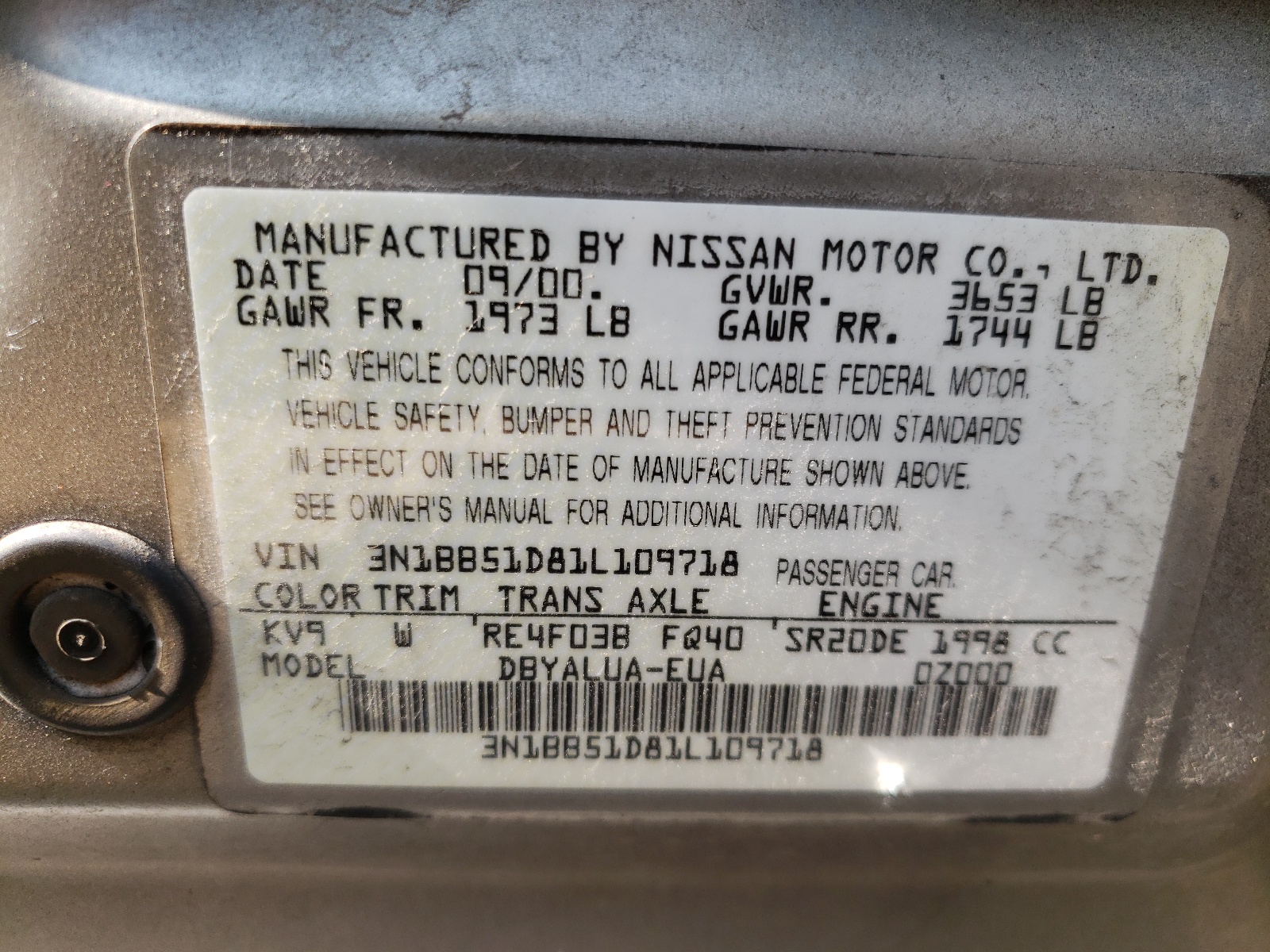 Photo 10 from auction – 2001 NISSAN SENTRA SE with VIN 3N1BB51D81L109718