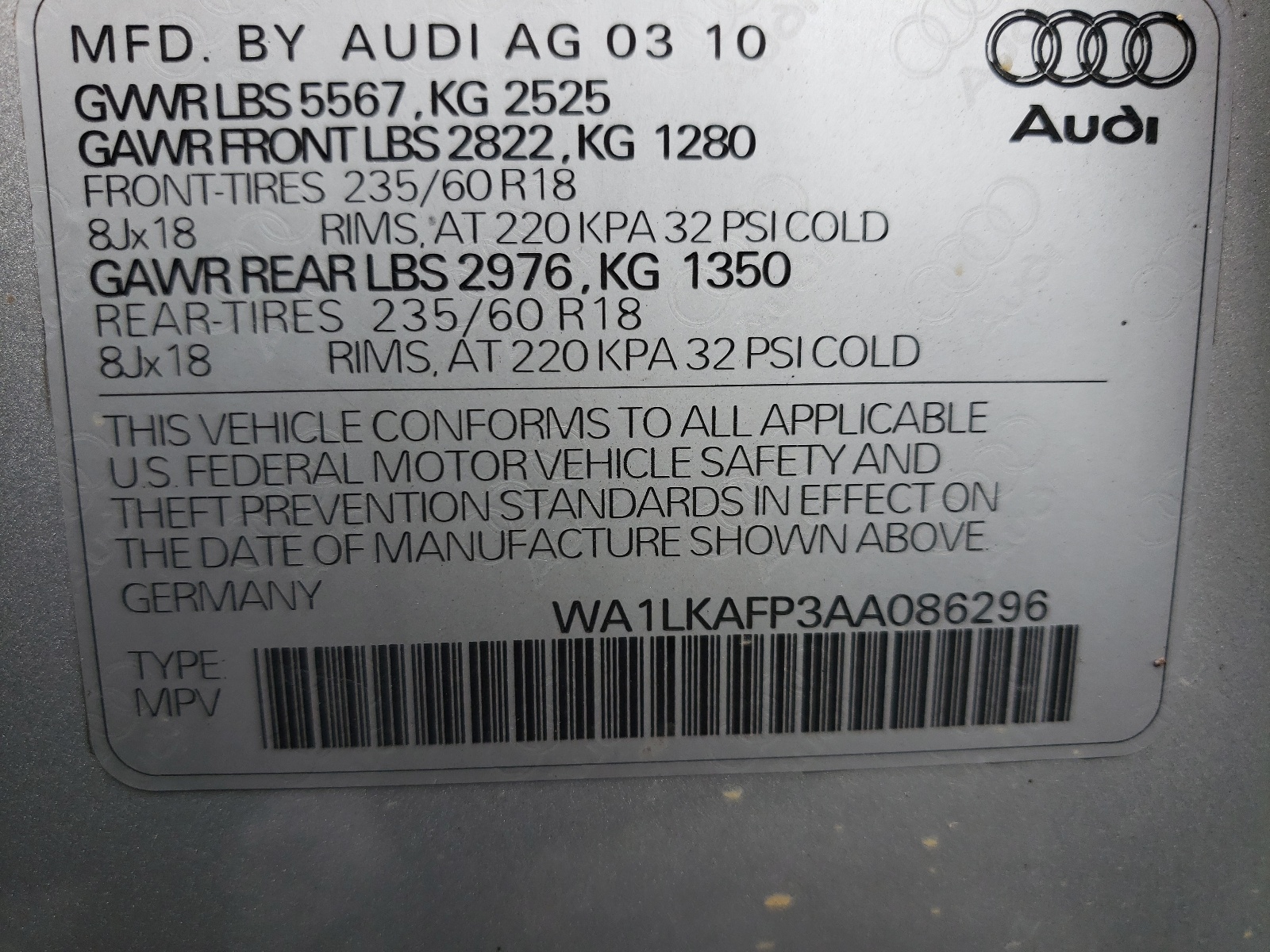 Photo 10 from auction – 2010 AUDI Q5 PREMIUM with VIN WA1LKAFP3AA086296
