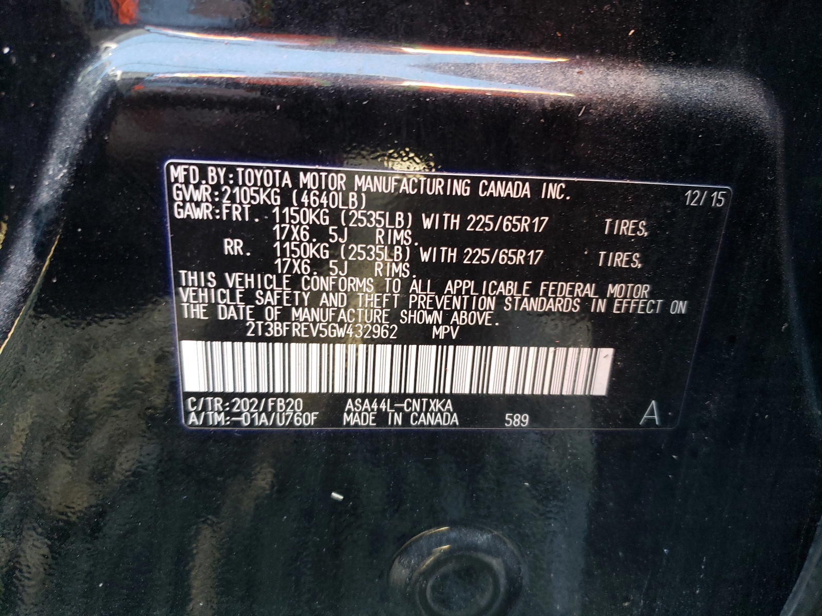 Photo 10 from auction – 2016 TOYOTA RAV4 LE with VIN 2T3BFREV5GW432962