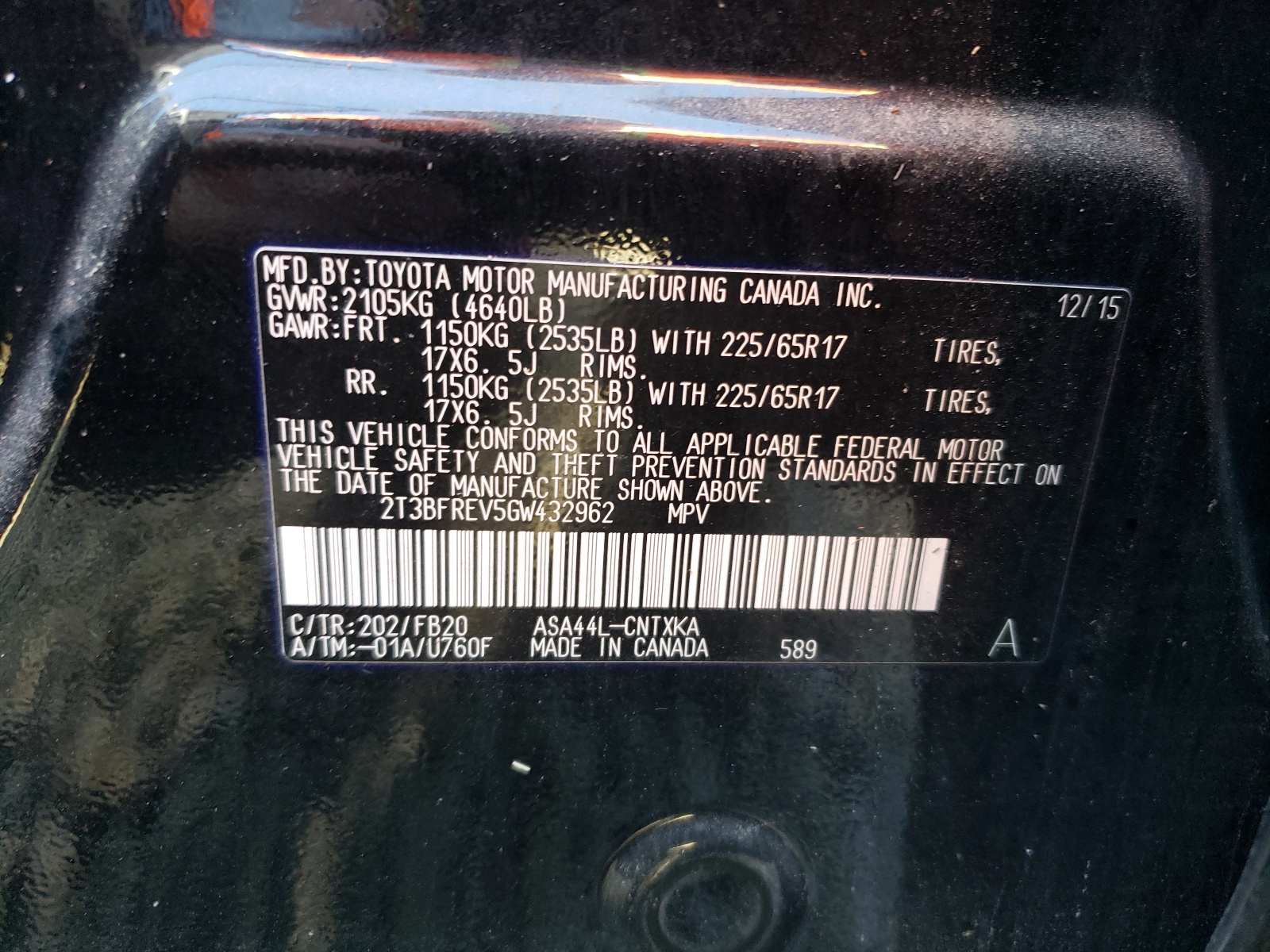 Zdjęcie 10 z aukcji – 2016 TOYOTA RAV4 LE z VIN 2T3BFREV5GW432962