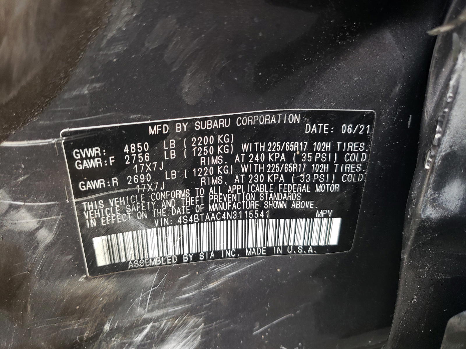 Photo 10 from auction – 2022 SUBARU OUTBACK with VIN 4S4BTAAC4N3115541