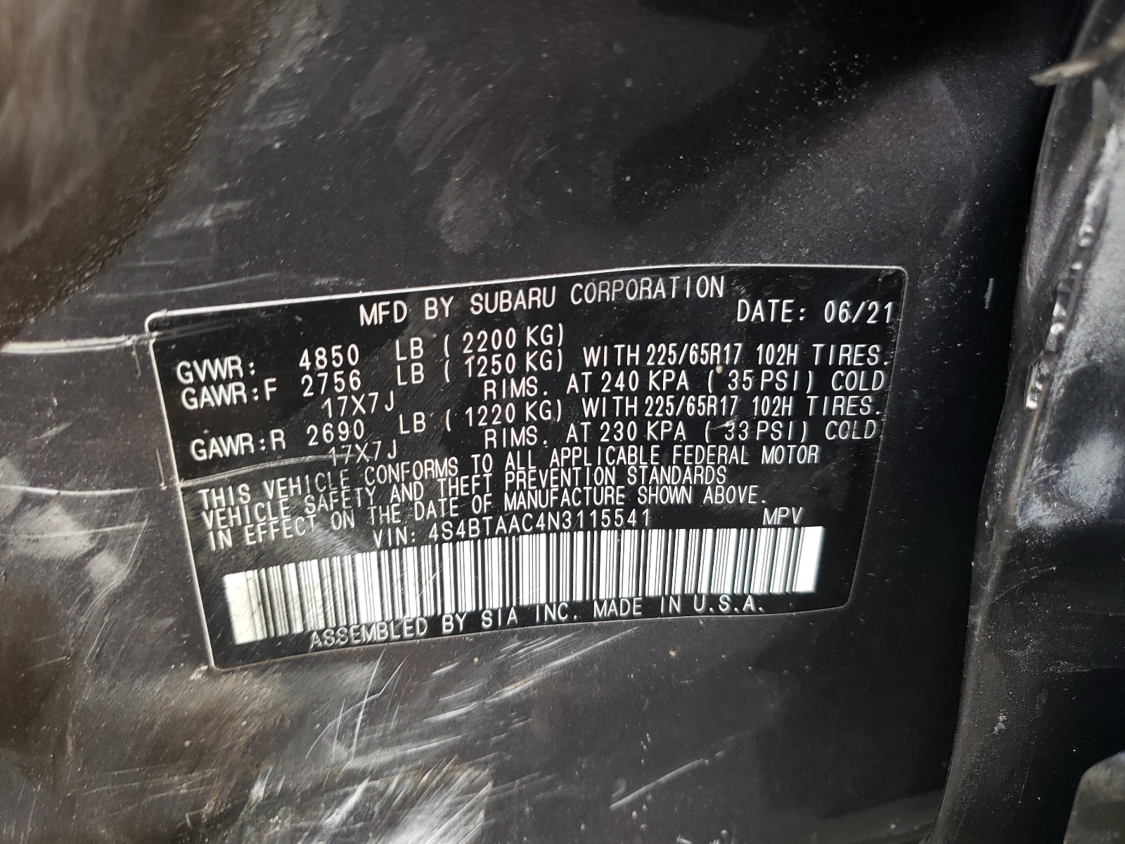 Foto 10 de la subasta – 2022 SUBARU OUTBACK con VIN 4S4BTAAC4N3115541