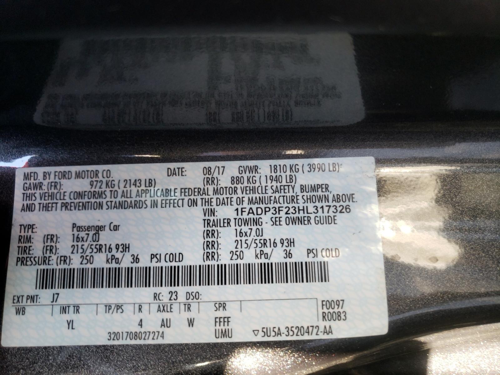 Photo 10 from auction – 2017 FORD FOCUS SE with VIN 1FADP3F23HL317326