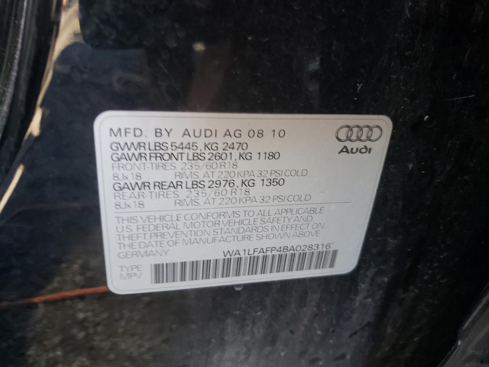 Photo 10 from auction – 2011 AUDI Q5 PREMIUM with VIN WA1LFAFP4BA028316