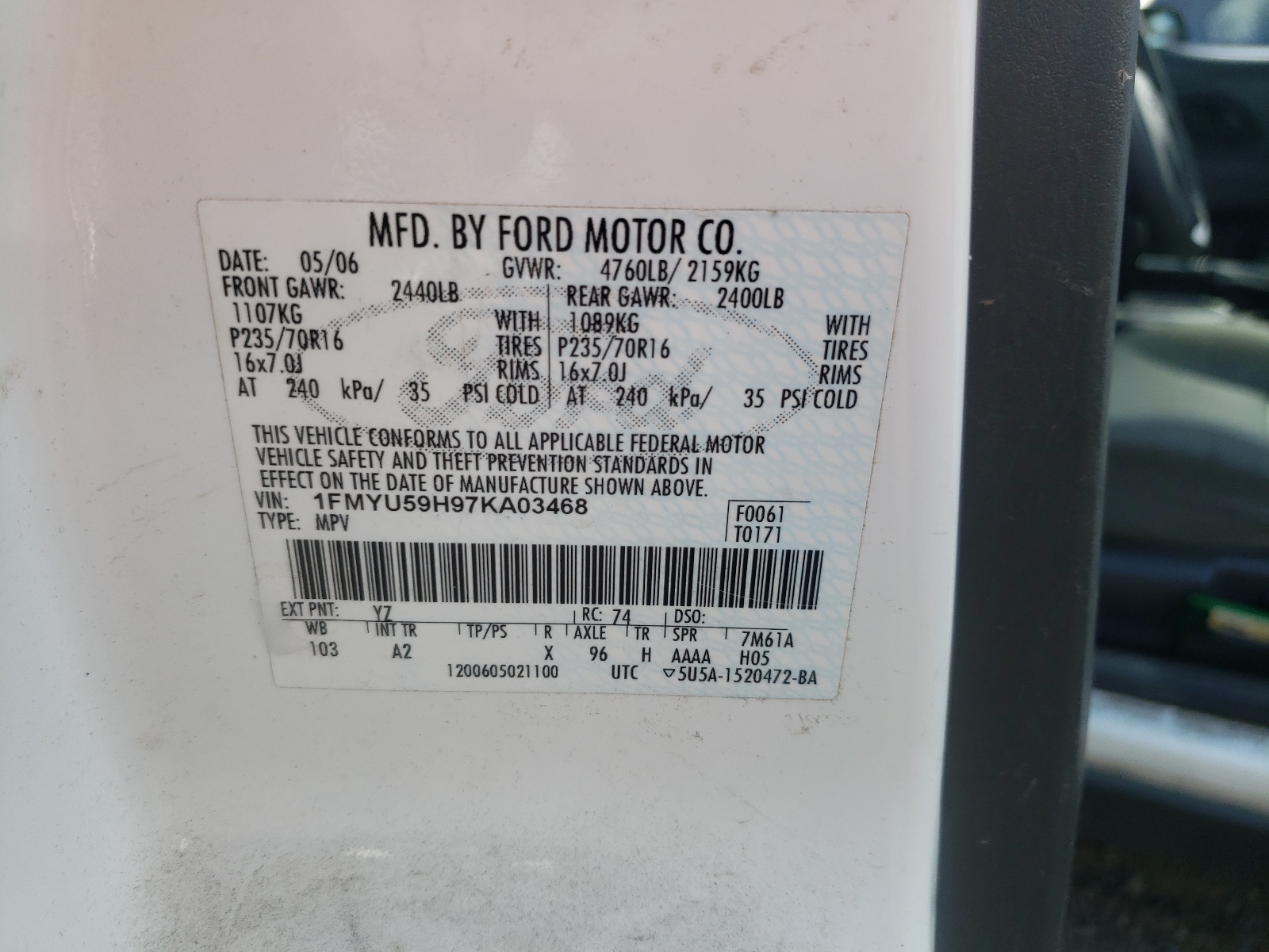 Photo 10 from auction – 2007 FORD ESCAPE HEV with VIN 1FMYU59H97KA03468