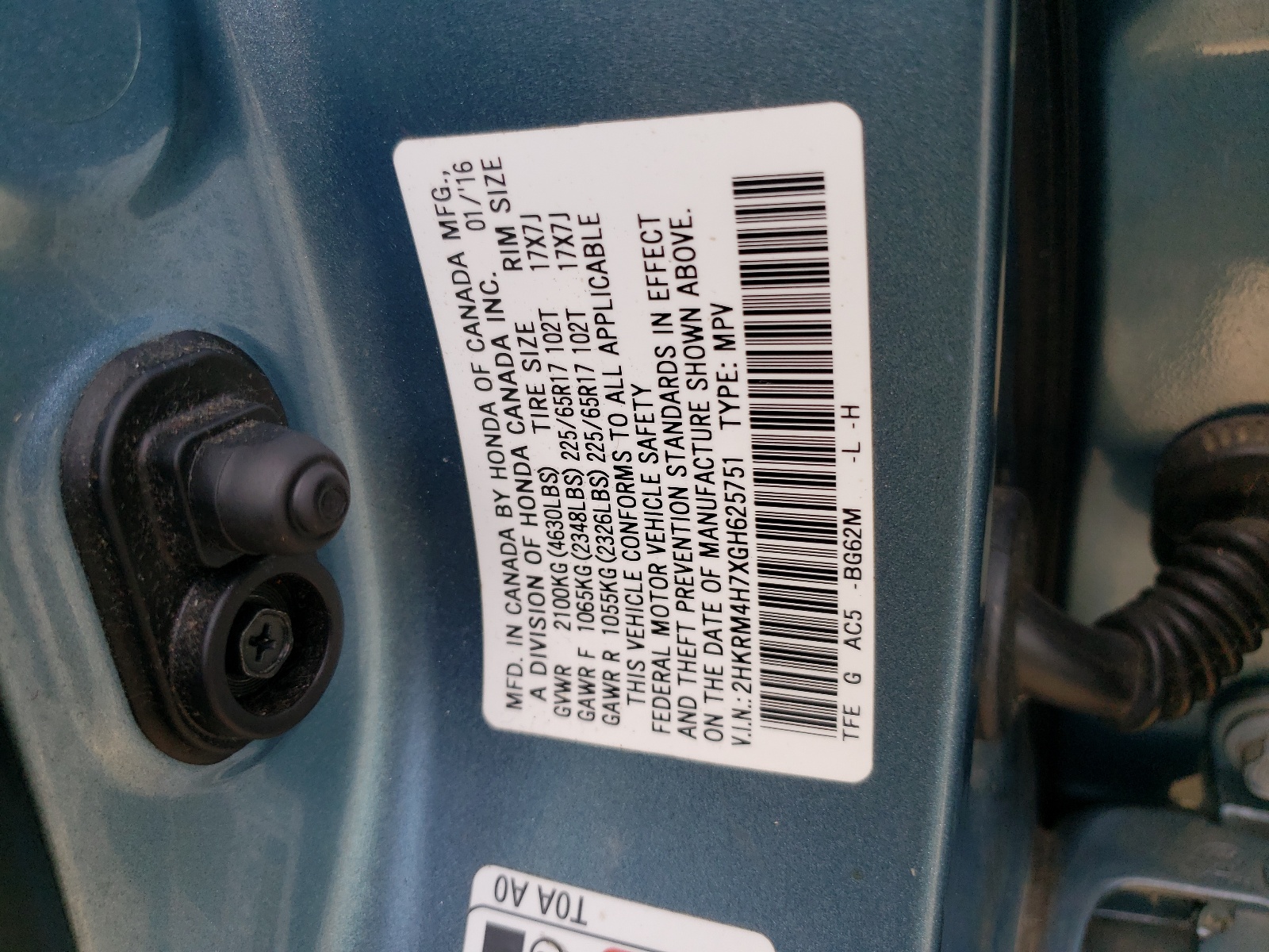 Photo 10 from auction – 2016 HONDA CR-V EXL with VIN 2HKRM4H7XGH625751