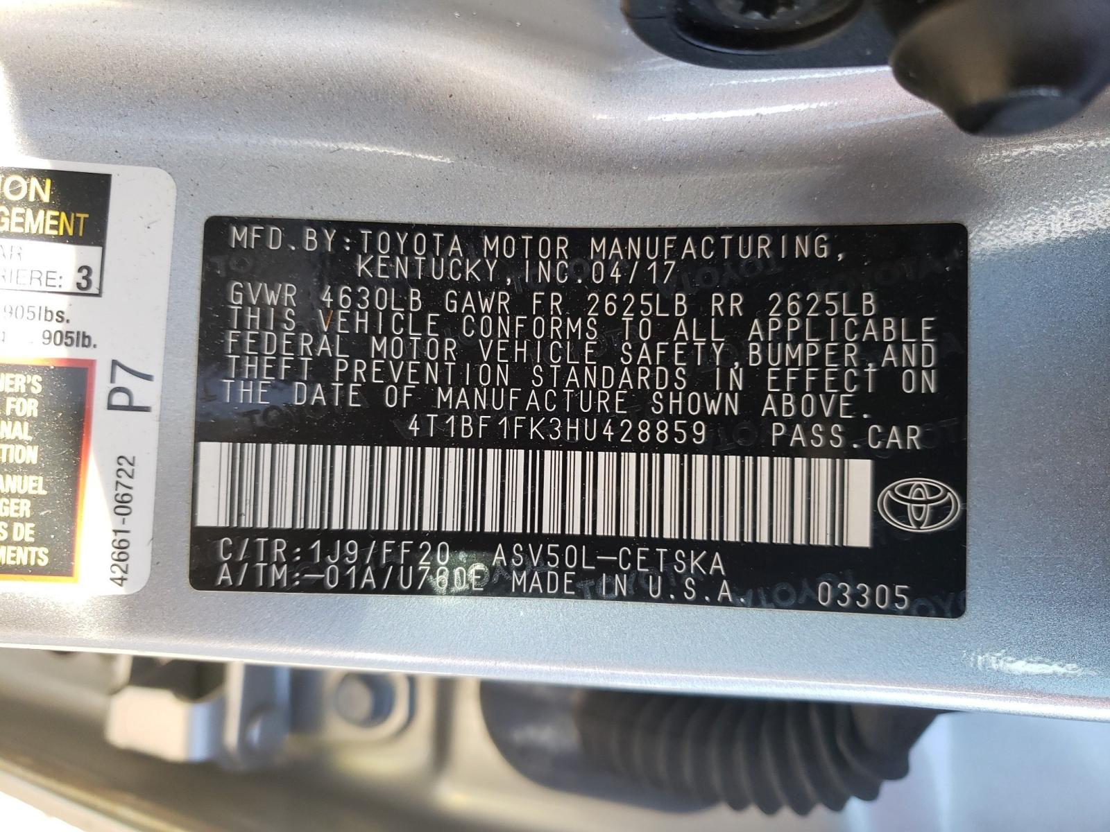 Photo 10 from auction – 2017 TOYOTA CAMRY LE with VIN 4T1BF1FK3HU428859