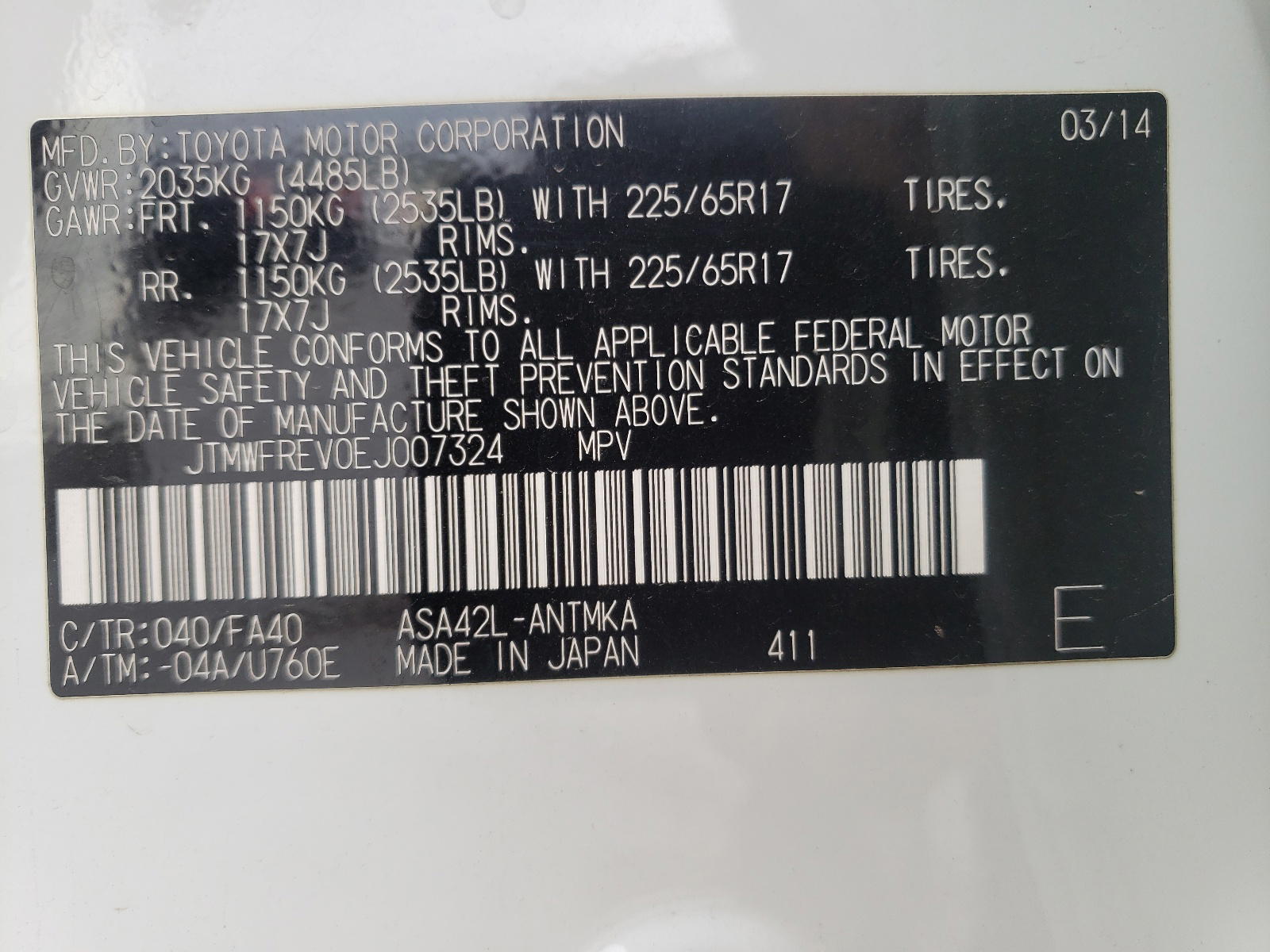 Photo 10 from auction – 2014 TOYOTA RAV4 XLE with VIN JTMWFREV0EJ007324