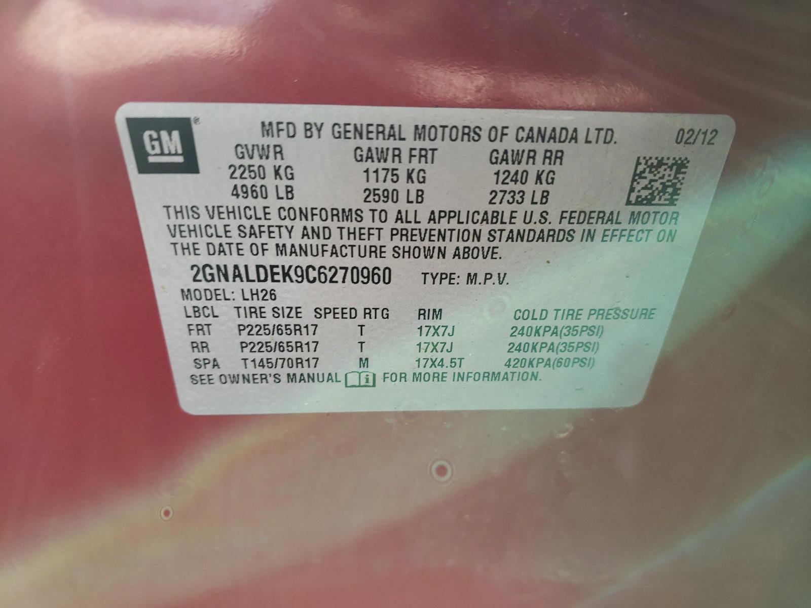 Photo 10 from auction – 2012 CHEVROLET EQUINOX LT with VIN 2GNALDEK9C6270960