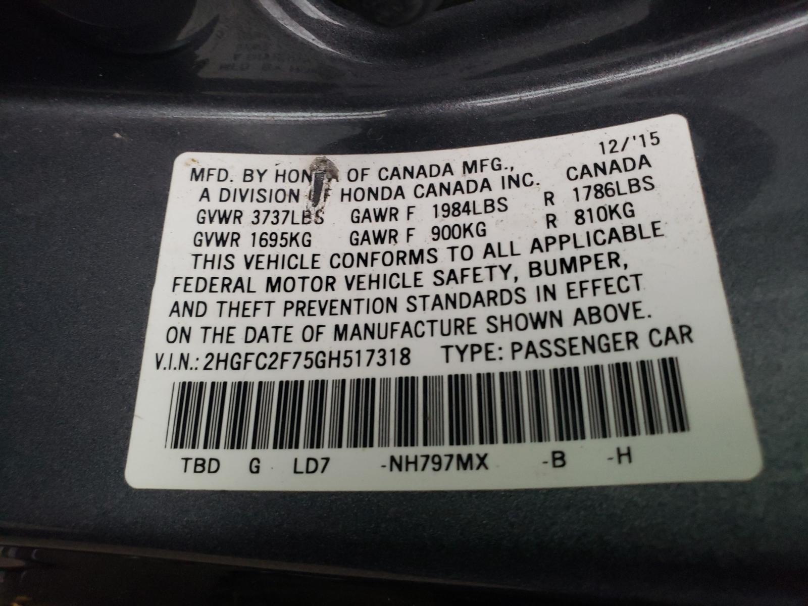 Photo 10 from auction – 2016 HONDA CIVIC EX with VIN 2HGFC2F75GH517318