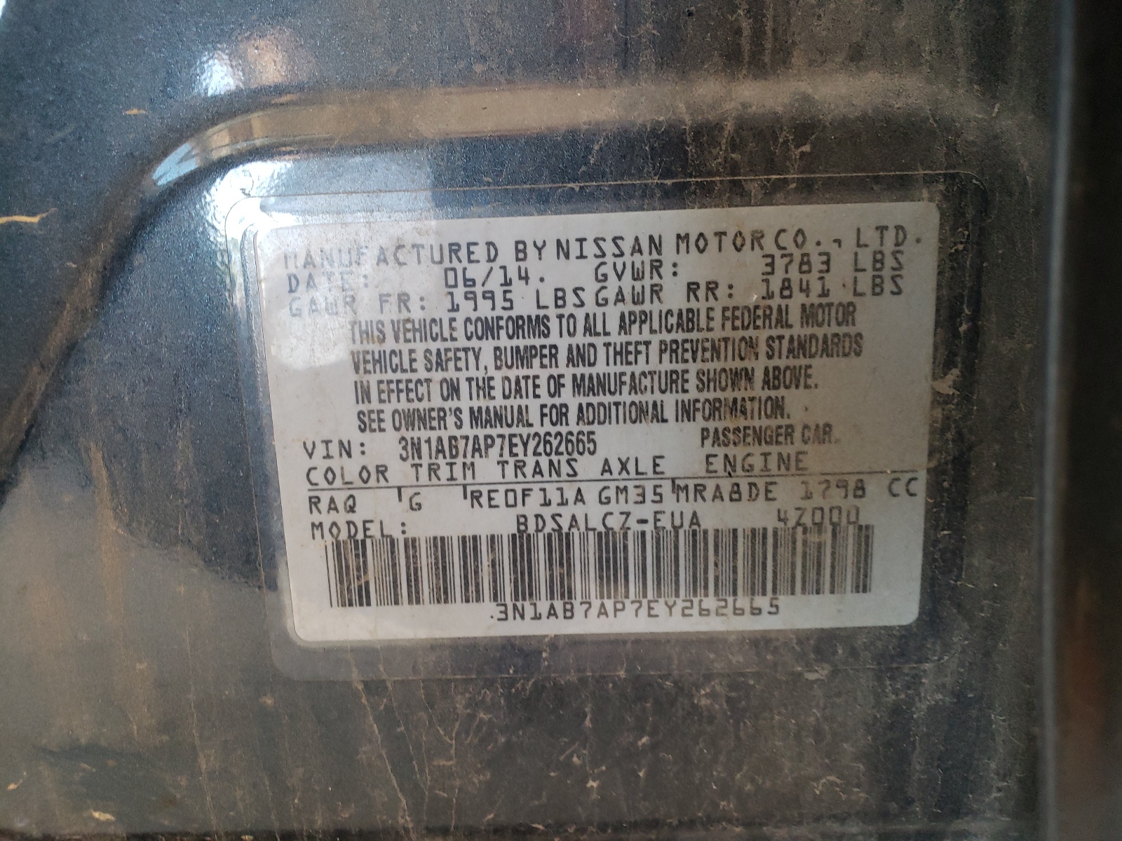Photo 10 from auction – 2014 NISSAN SENTRA S with VIN 3N1AB7AP7EY262665