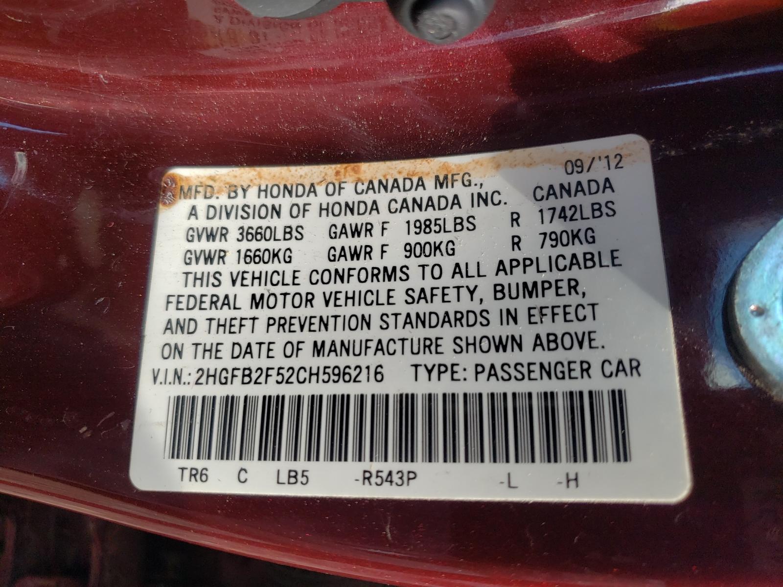 Photo 10 from auction – 2012 HONDA CIVIC LX with VIN 2HGFB2F52CH596216