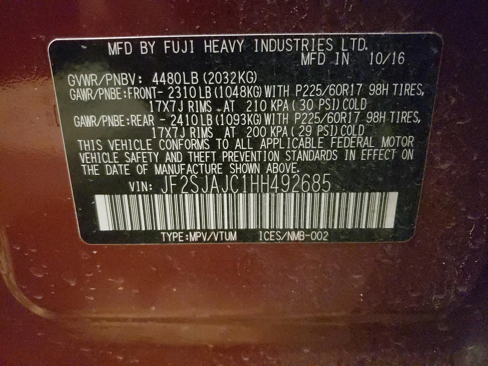 Photo 10 from auction – 2017 SUBARU FORESTER 2 with VIN JF2SJAJC1HH492685