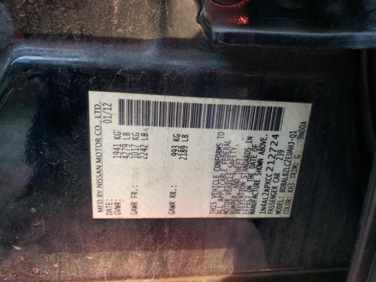 Photo 10 from auction – 2012 NISSAN ALTIMA BAS with VIN 1N4AL2APXCC212724