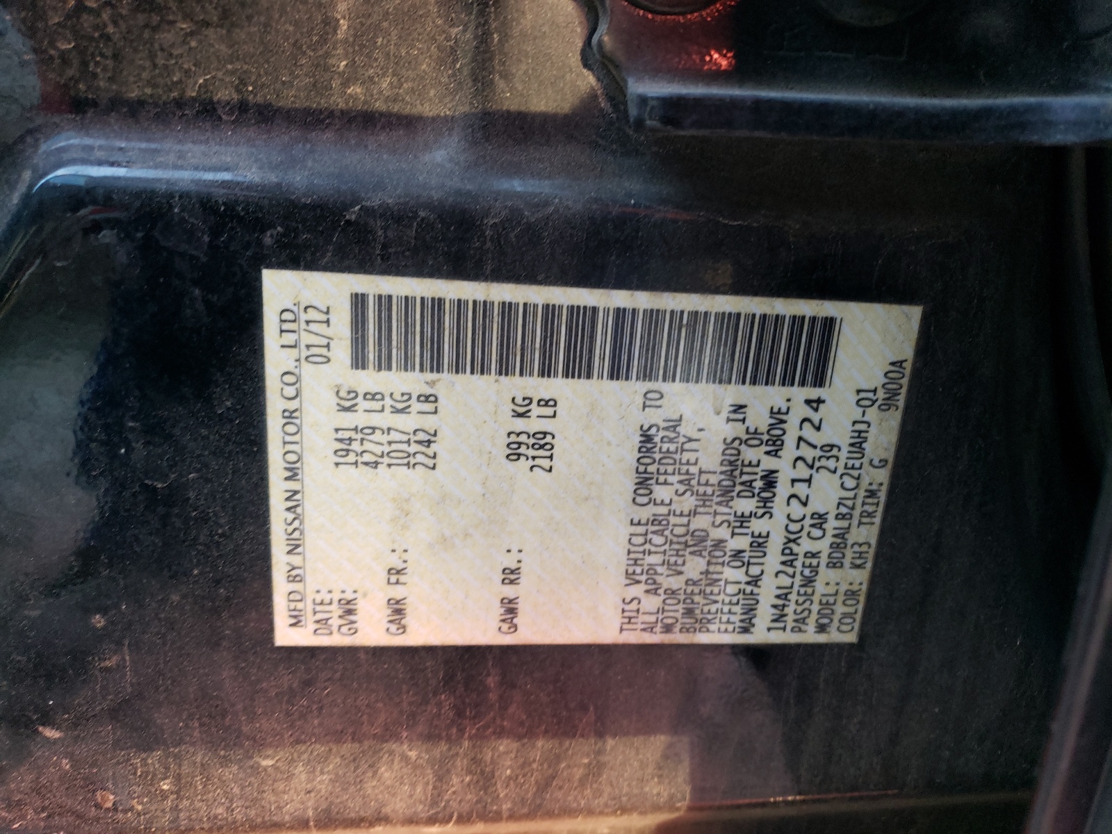 صورة رقم 10 من المزاد - 2012 NISSAN ALTIMA BAS مع VIN 1N4AL2APXCC212724