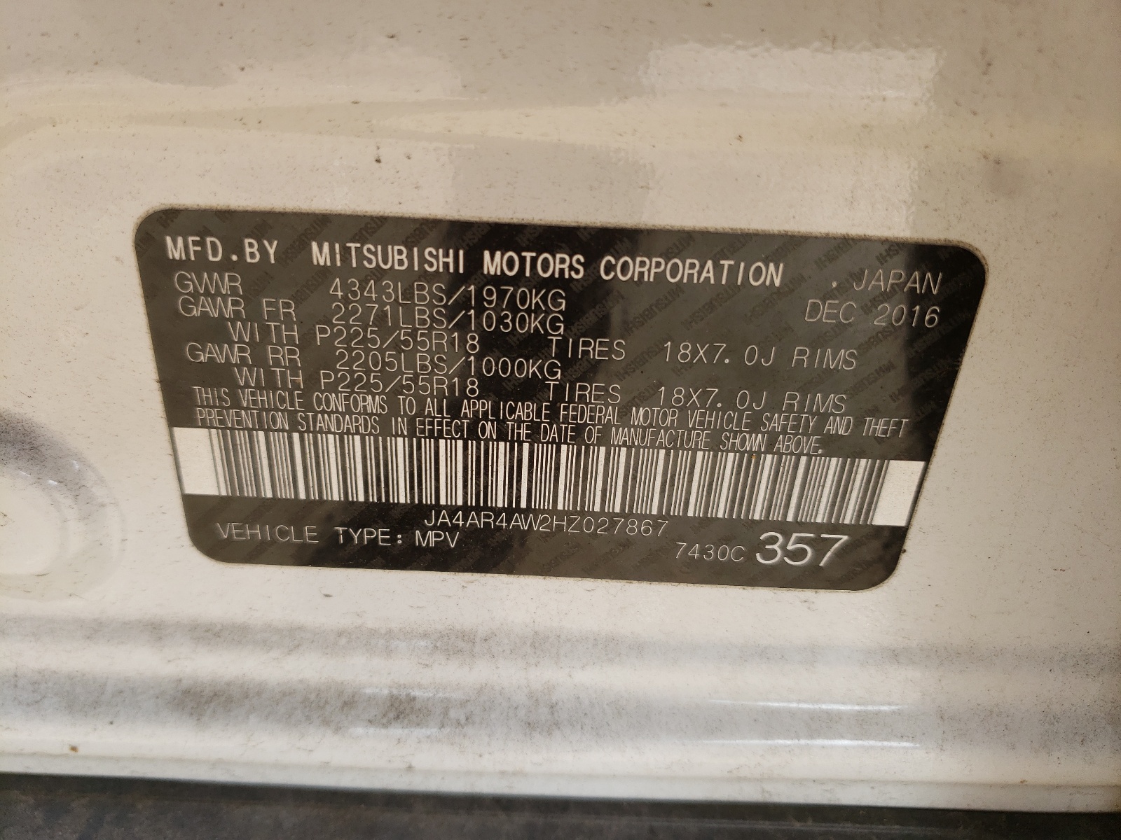 Photo 10 from auction – 2017 MITSUBISHI OUTLANDER with VIN JA4AR4AW2HZ027867