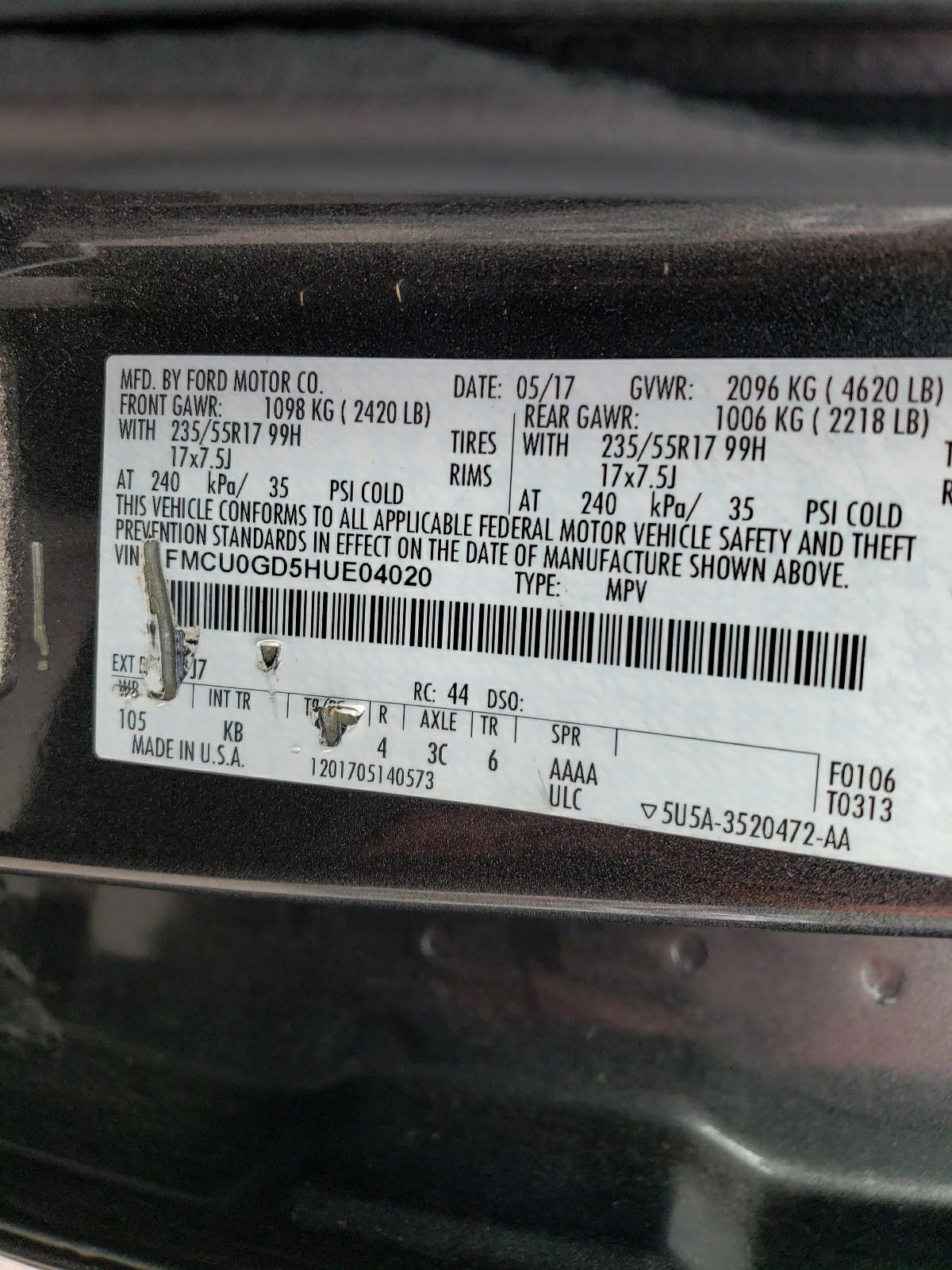 Photo 10 from auction – 2017 FORD ESCAPE SE with VIN 1FMCU0GD5HUE04020