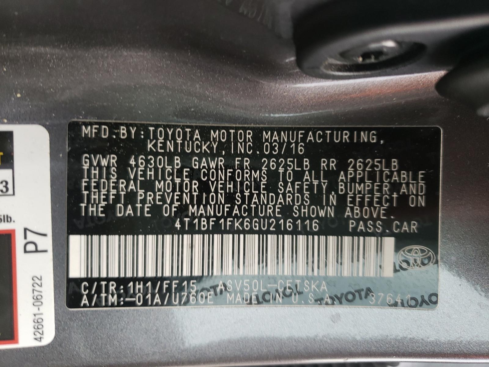 Photo 10 from auction – 2016 TOYOTA CAMRY LE with VIN 4T1BF1FK6GU216116