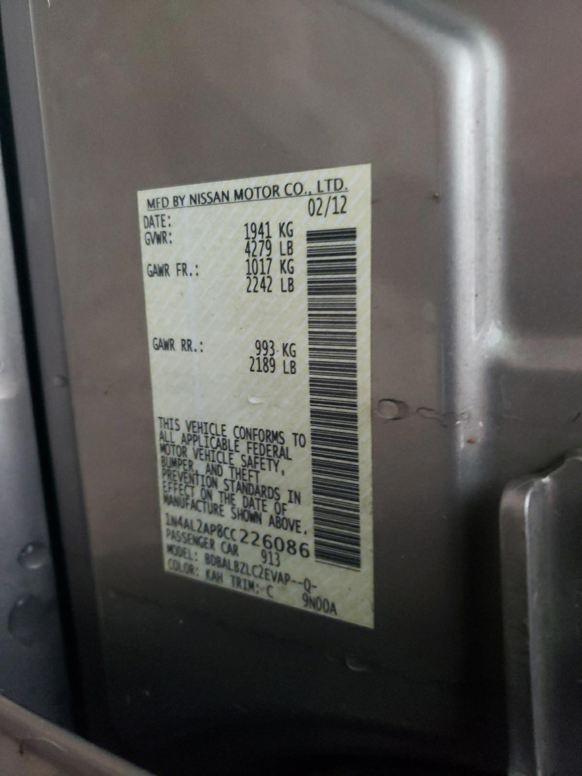 Photo 10 from auction – 2012 NISSAN ALTIMA BAS with VIN 1N4AL2AP8CC226086